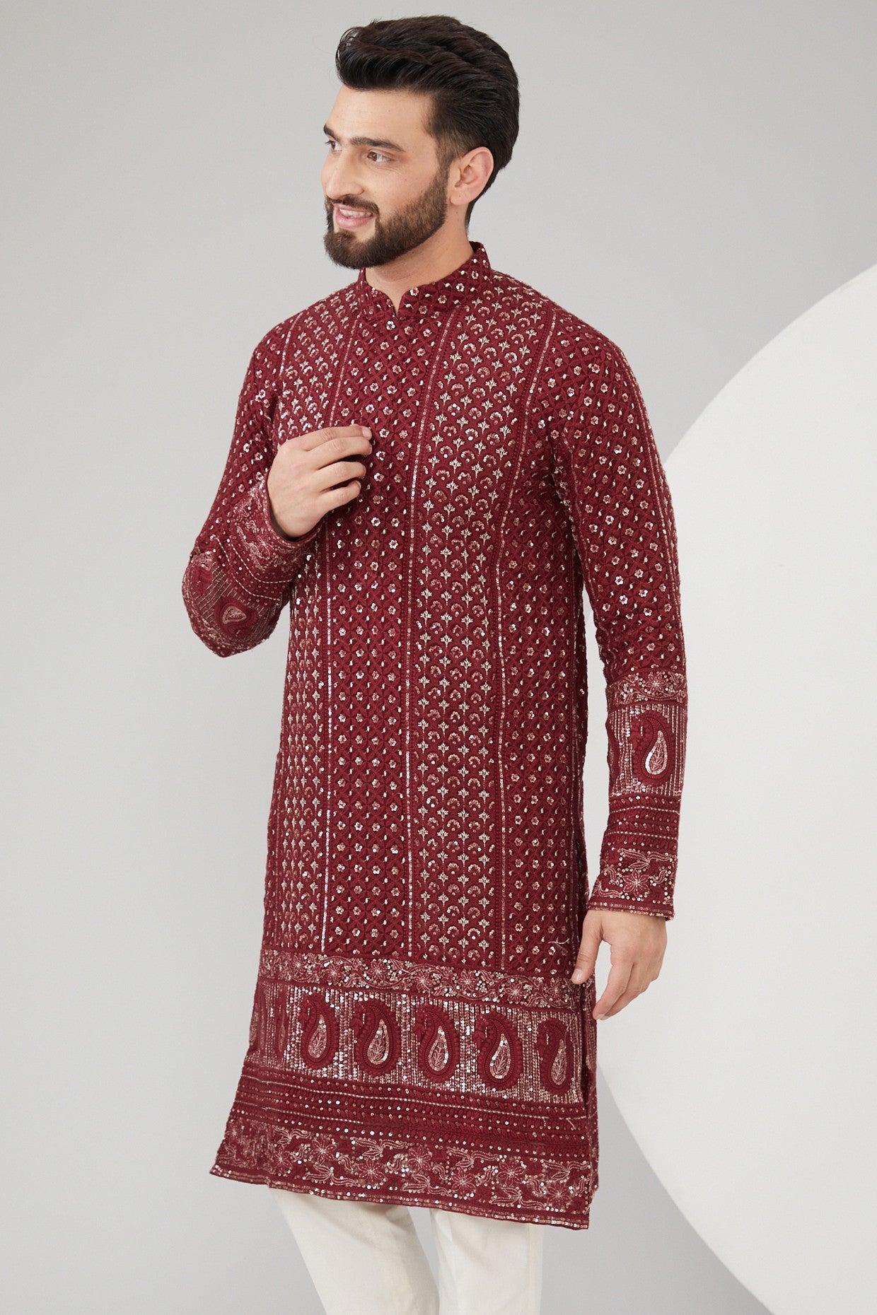 Maroon Georgette Thread Embroidered Chikankari Kurta - kasbahmen