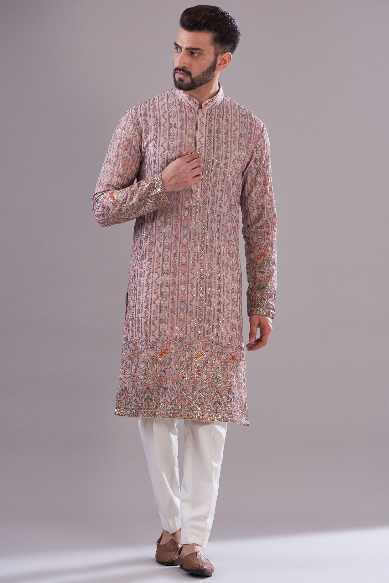 Mud pink multi thread work kurta - kasbahmen