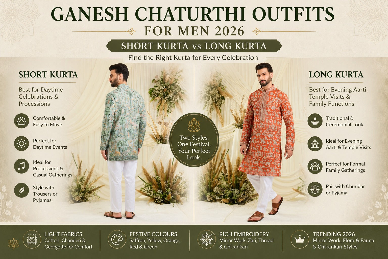 Ganesh Chaturthi Outfits for Men 2026: Short Kurta vs Long Kurta