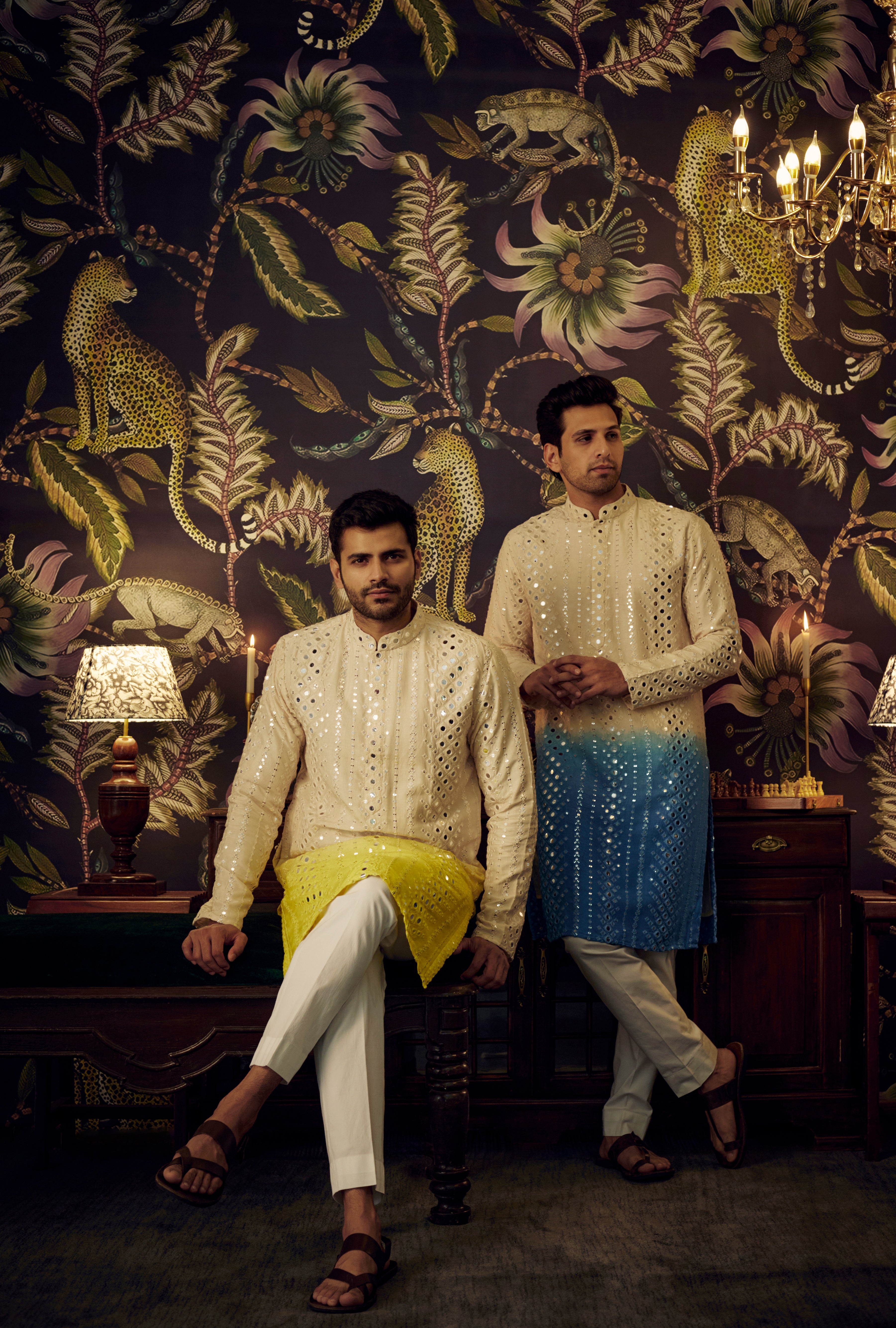 Cream-yellow Ombre Mirror-work Kurta - kasbahmen