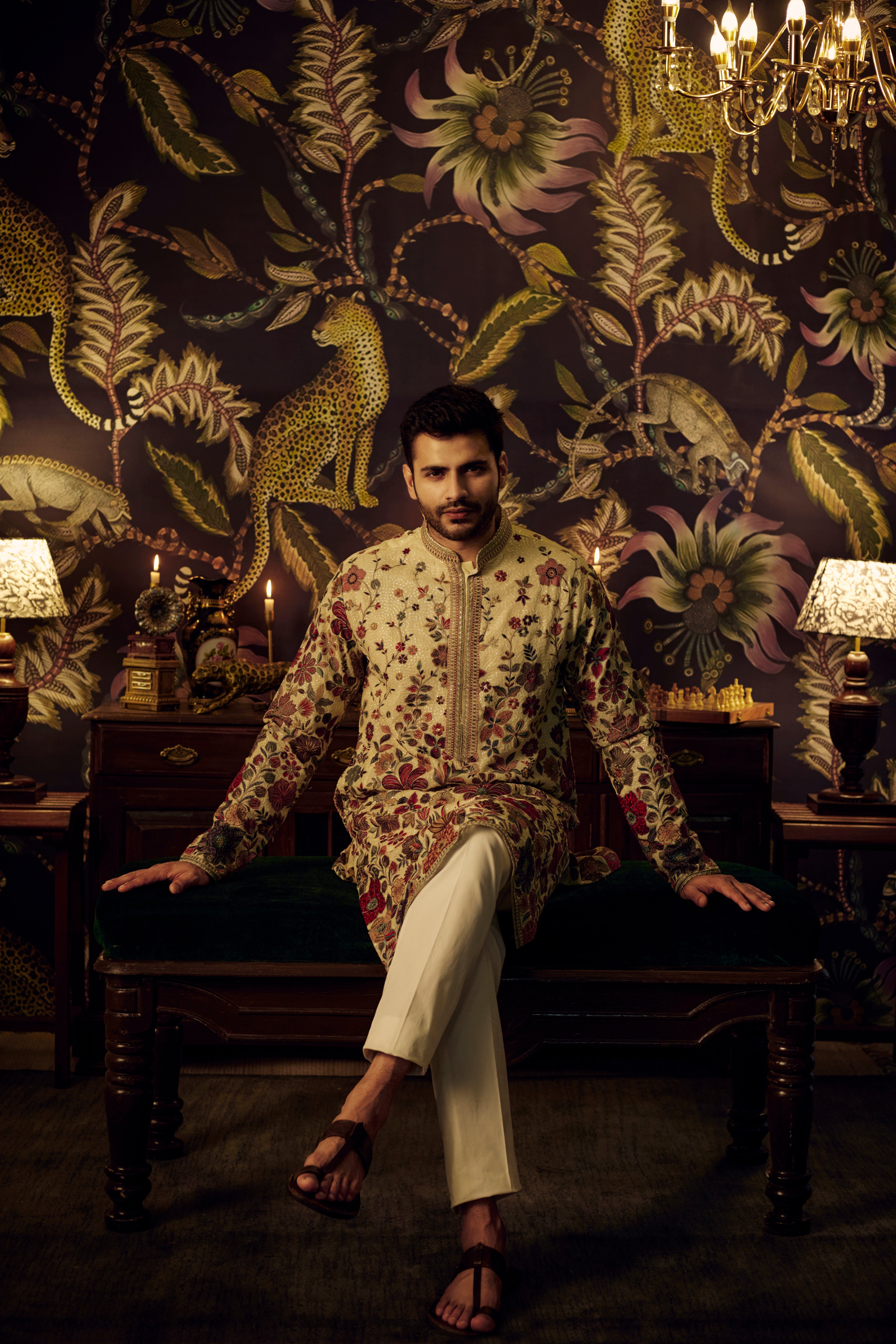 Cream heavily embroidered floral kurta. - kasbahmen