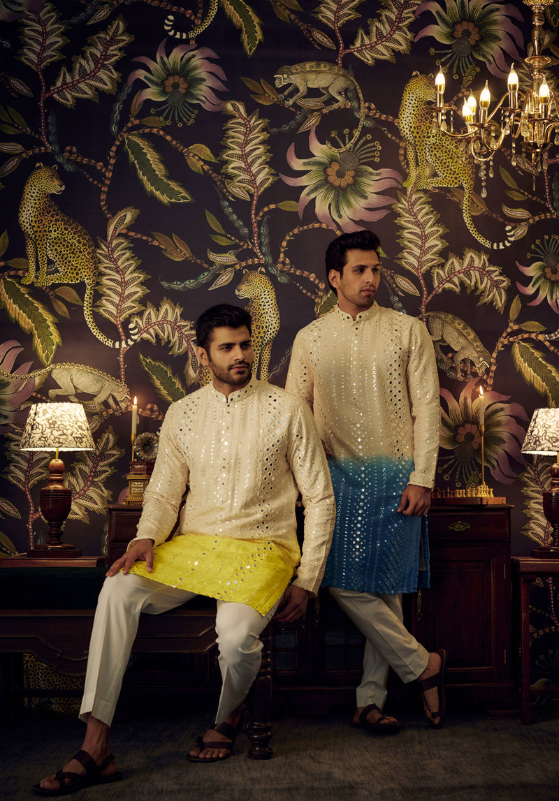 Cream-yellow Ombre Mirror-work Kurta - kasbahmen