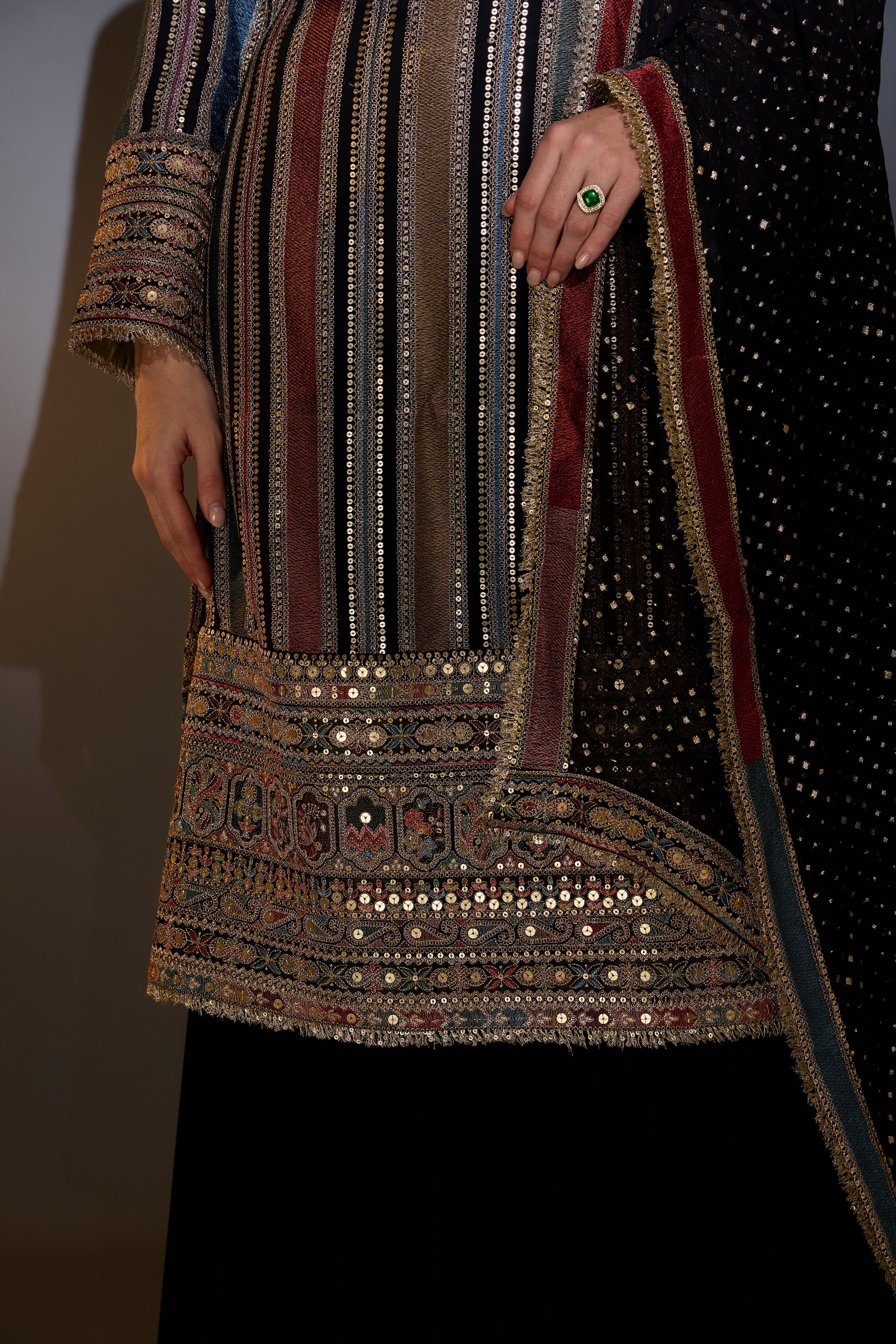 Multi-color striped suit with intricately done thread and zari work paired with sharara and dupatta.