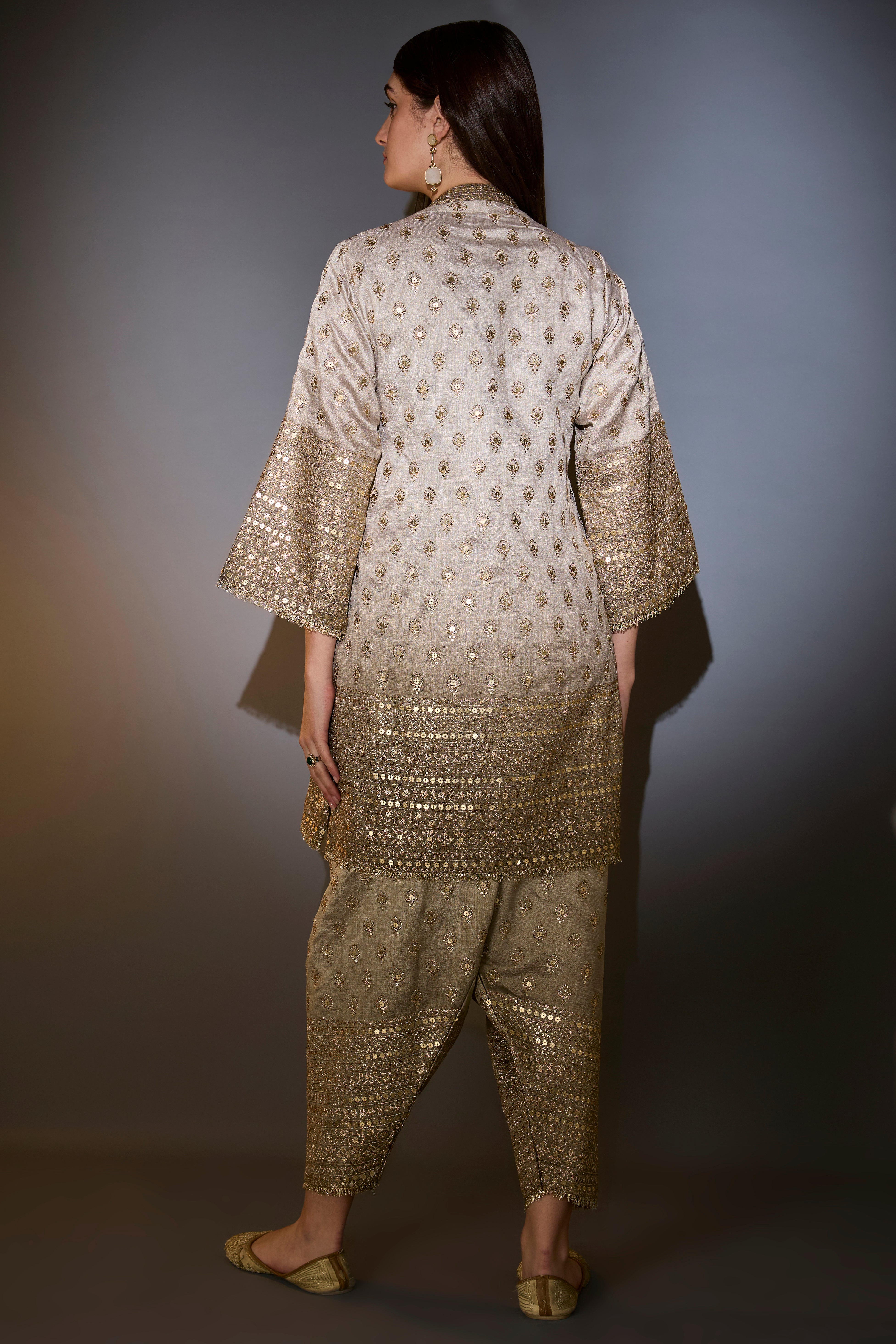 Sage green ombre shades silk suit set in angrakha style with heavy zari and sequin work.