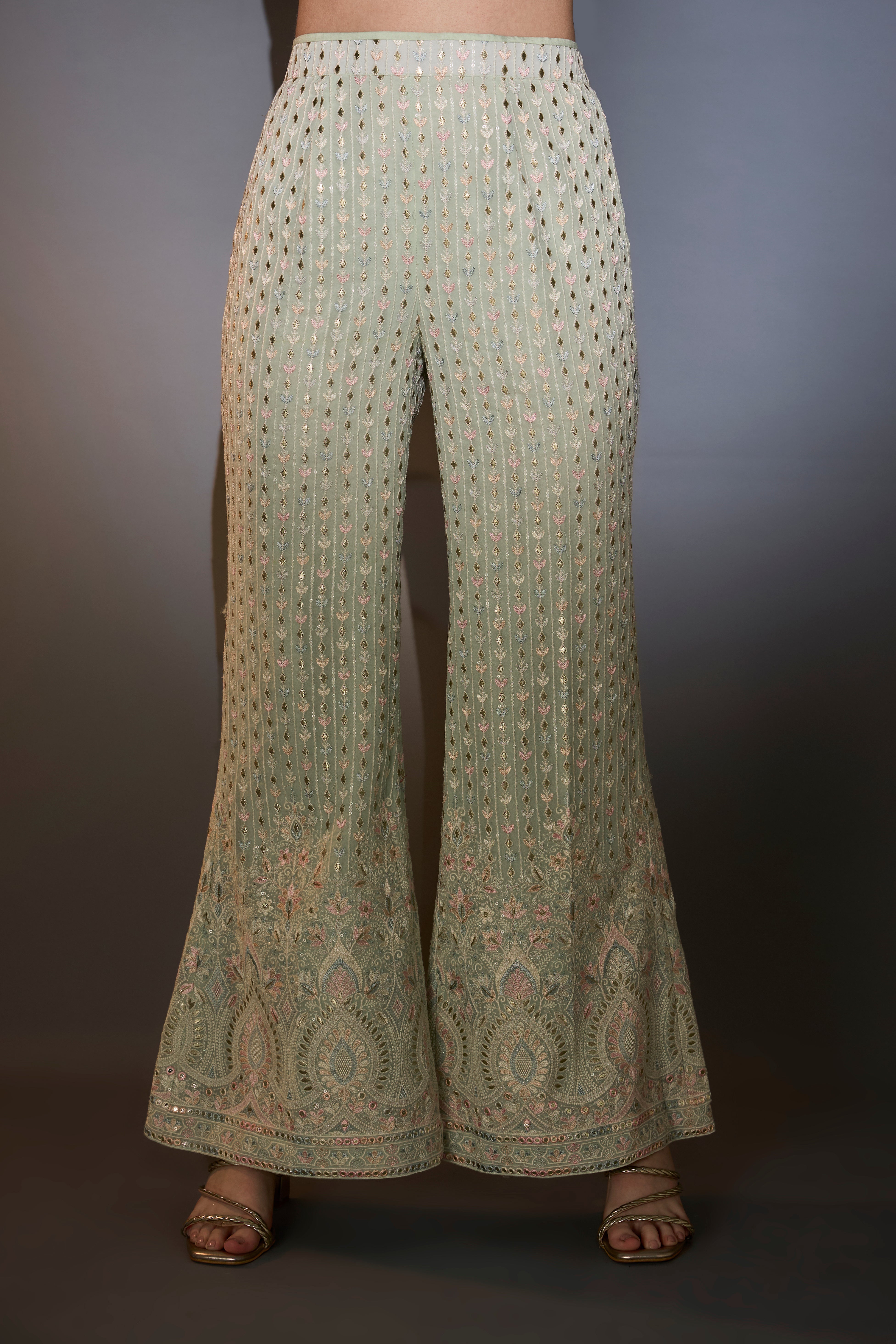 Sea-green co-ord set with mult-threadwork.