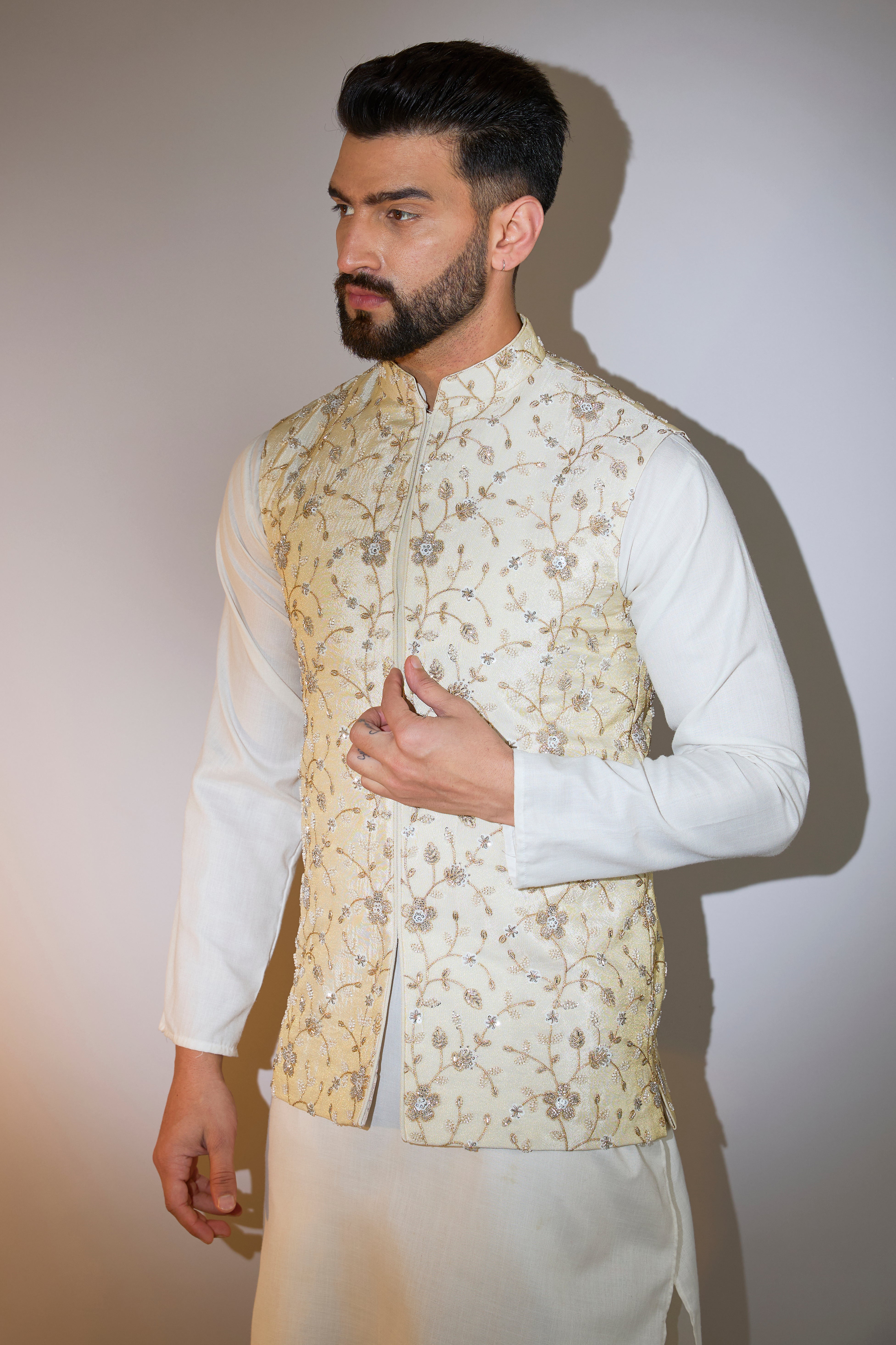 golden cream short nehru jacket with intricate cut dana