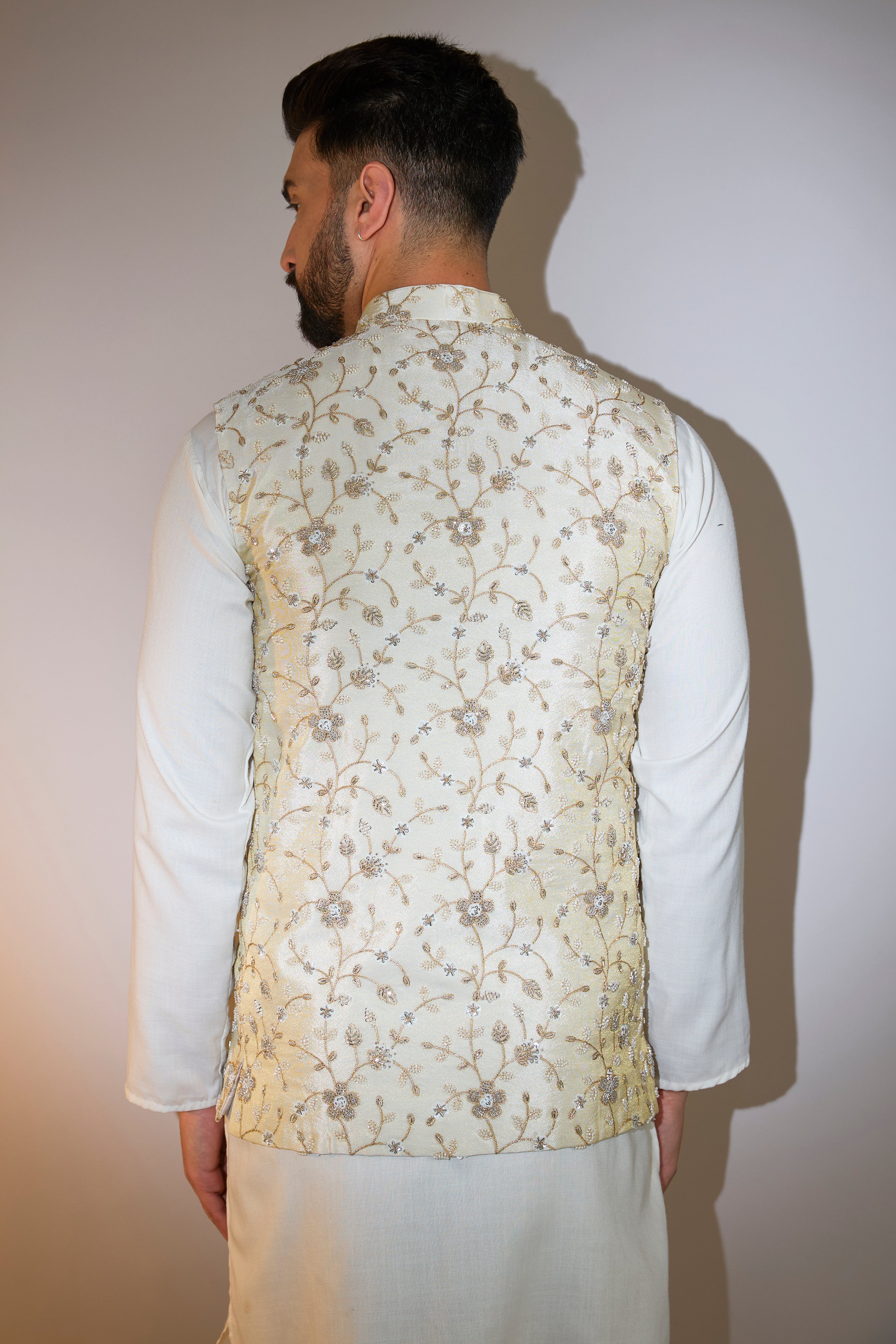 golden cream short nehru jacket with intricate cut dana