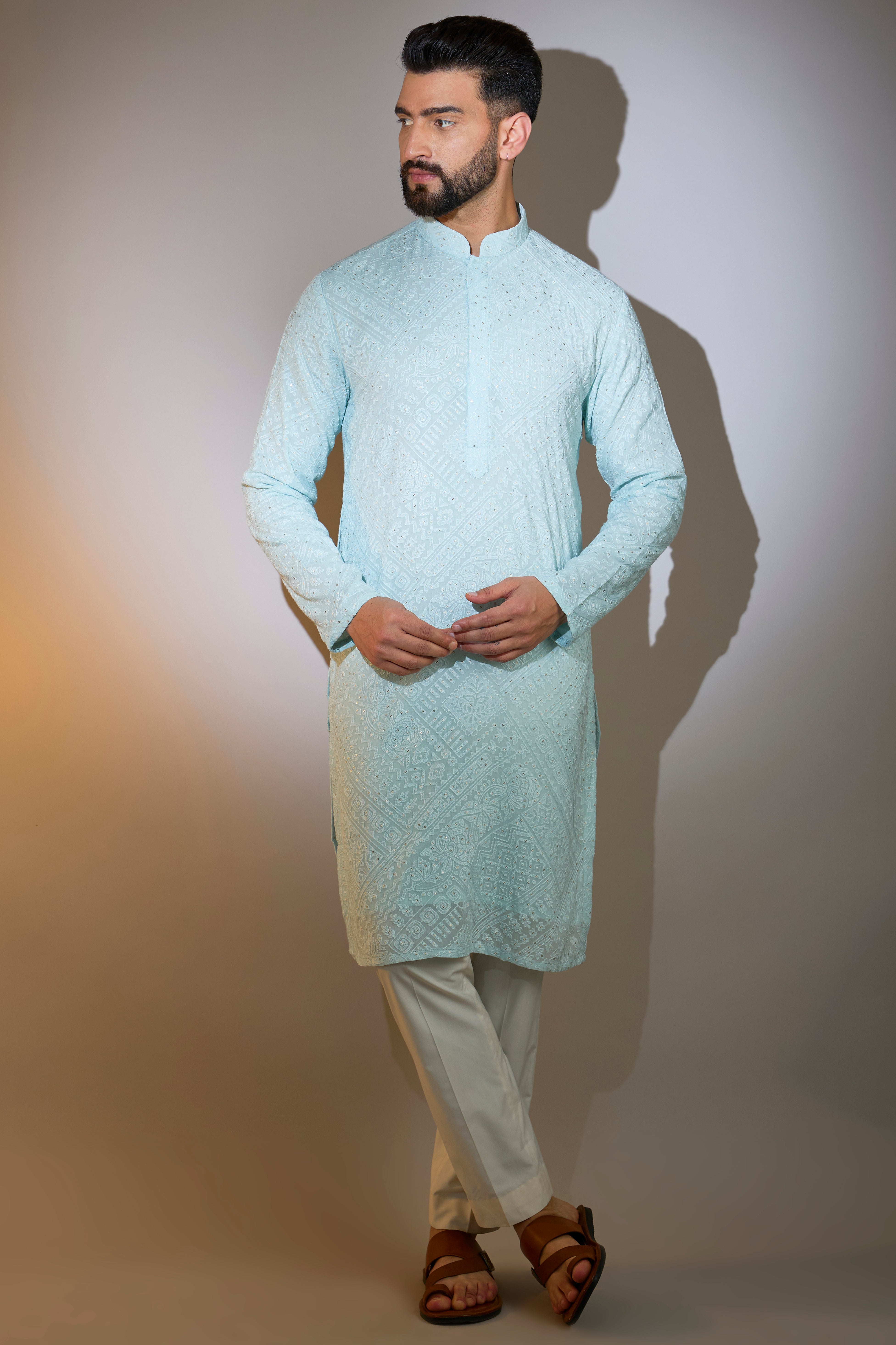 signature powder blue threadwork kurta