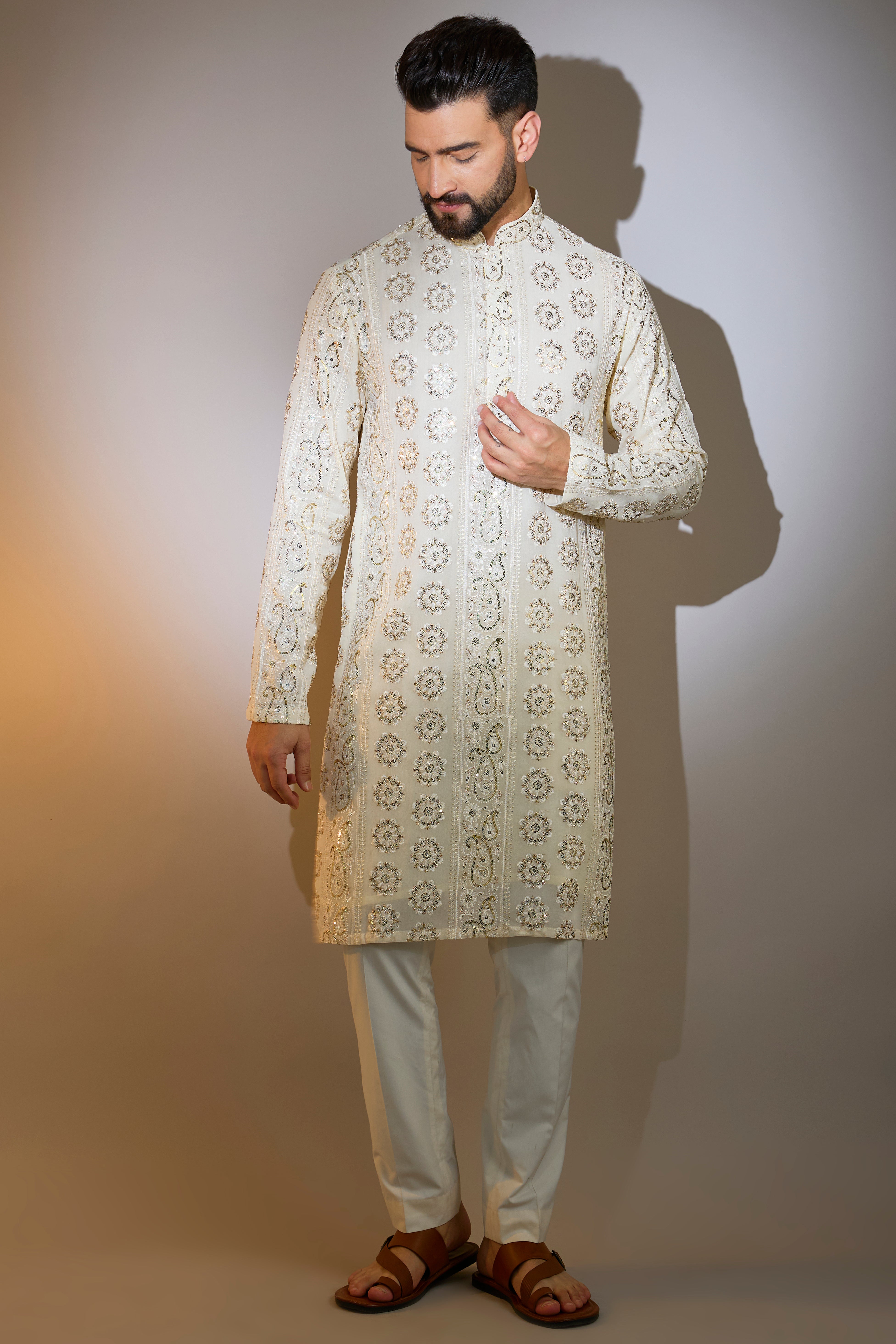 beige chikabkari kurta with sequin deatiling