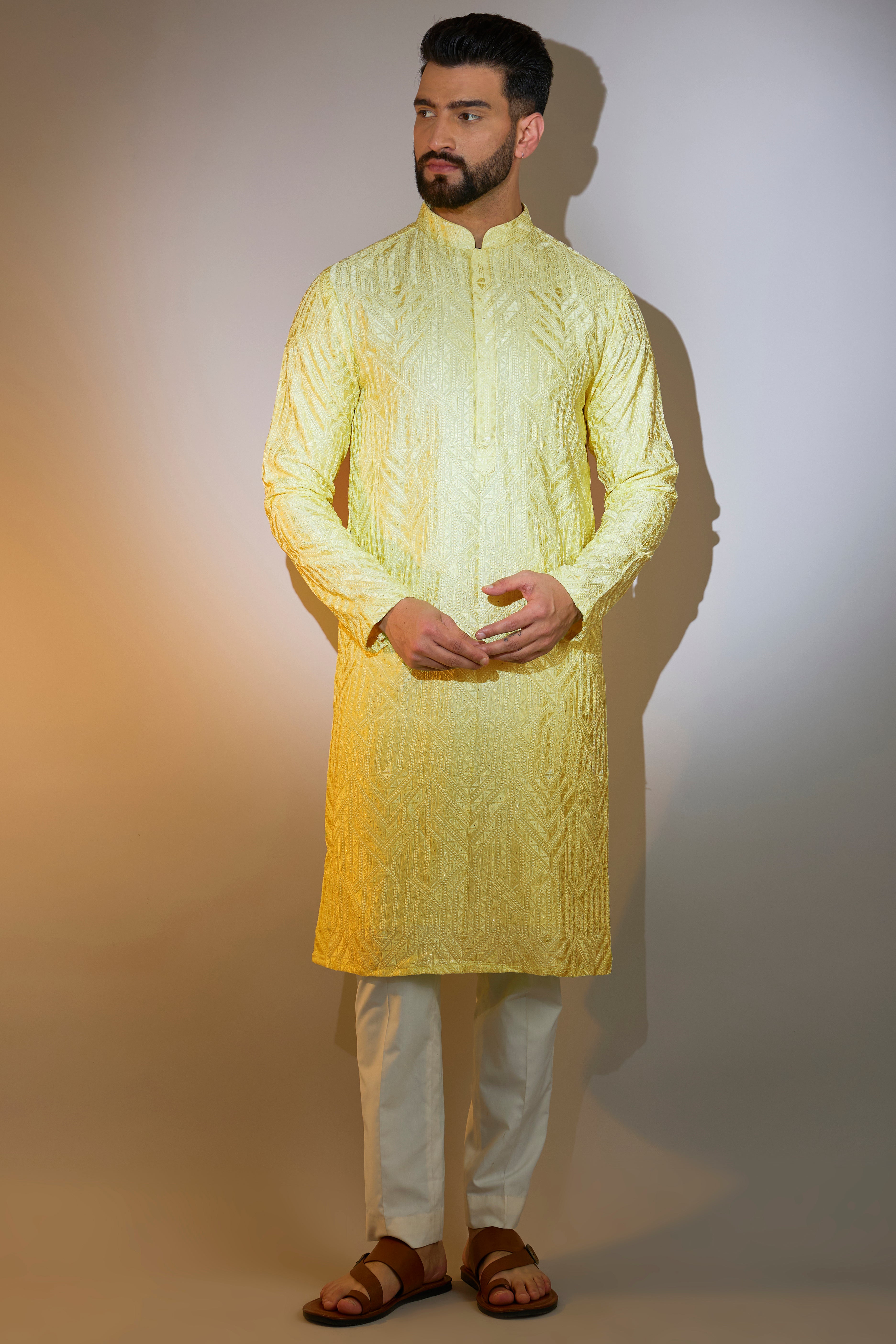 yellow geometrically embroidried thread work kruta