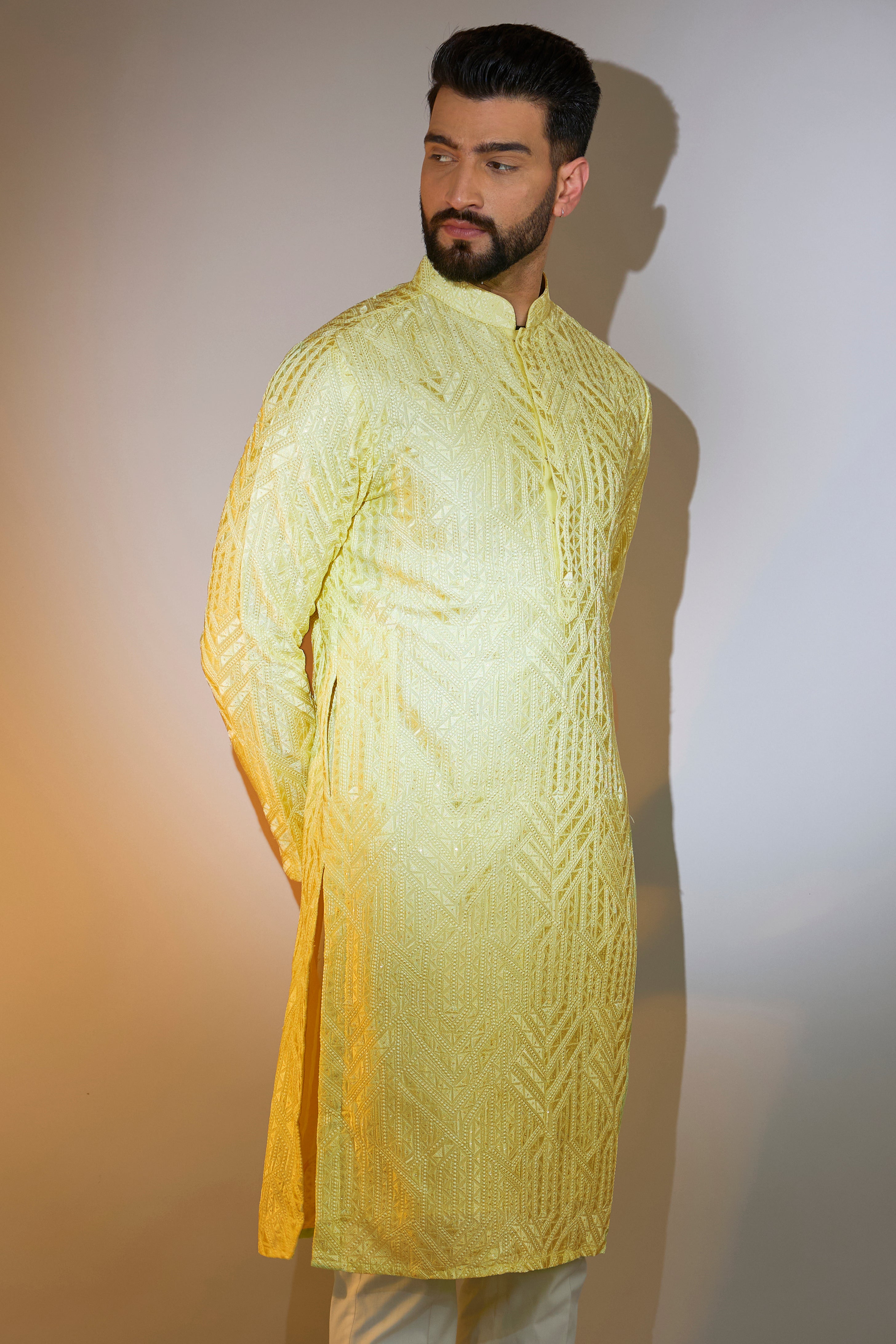 yellow geometrically embroidried thread work kruta