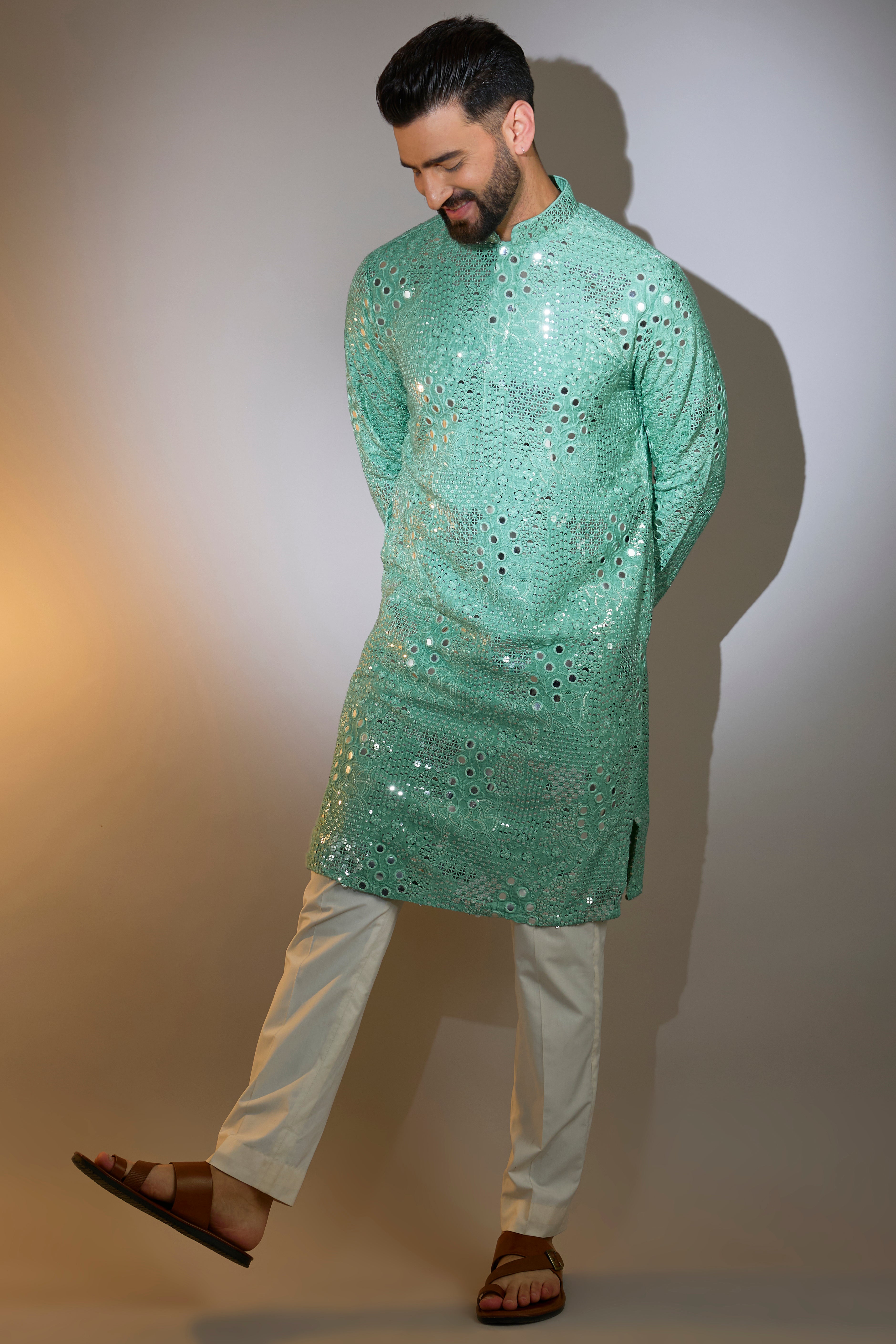 sage green mirror work kurta