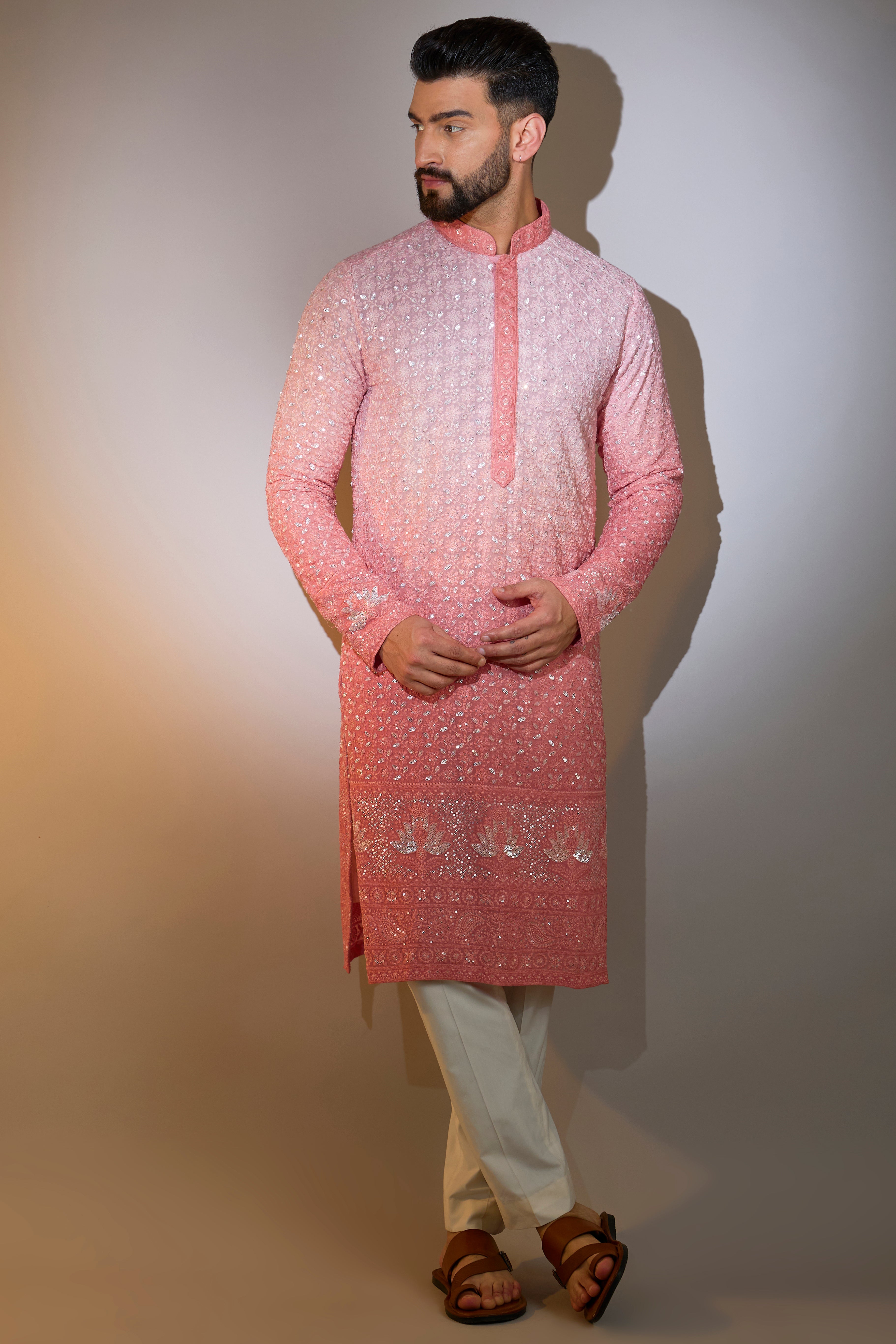 peach ombre shaded mirror work chikankari kurta