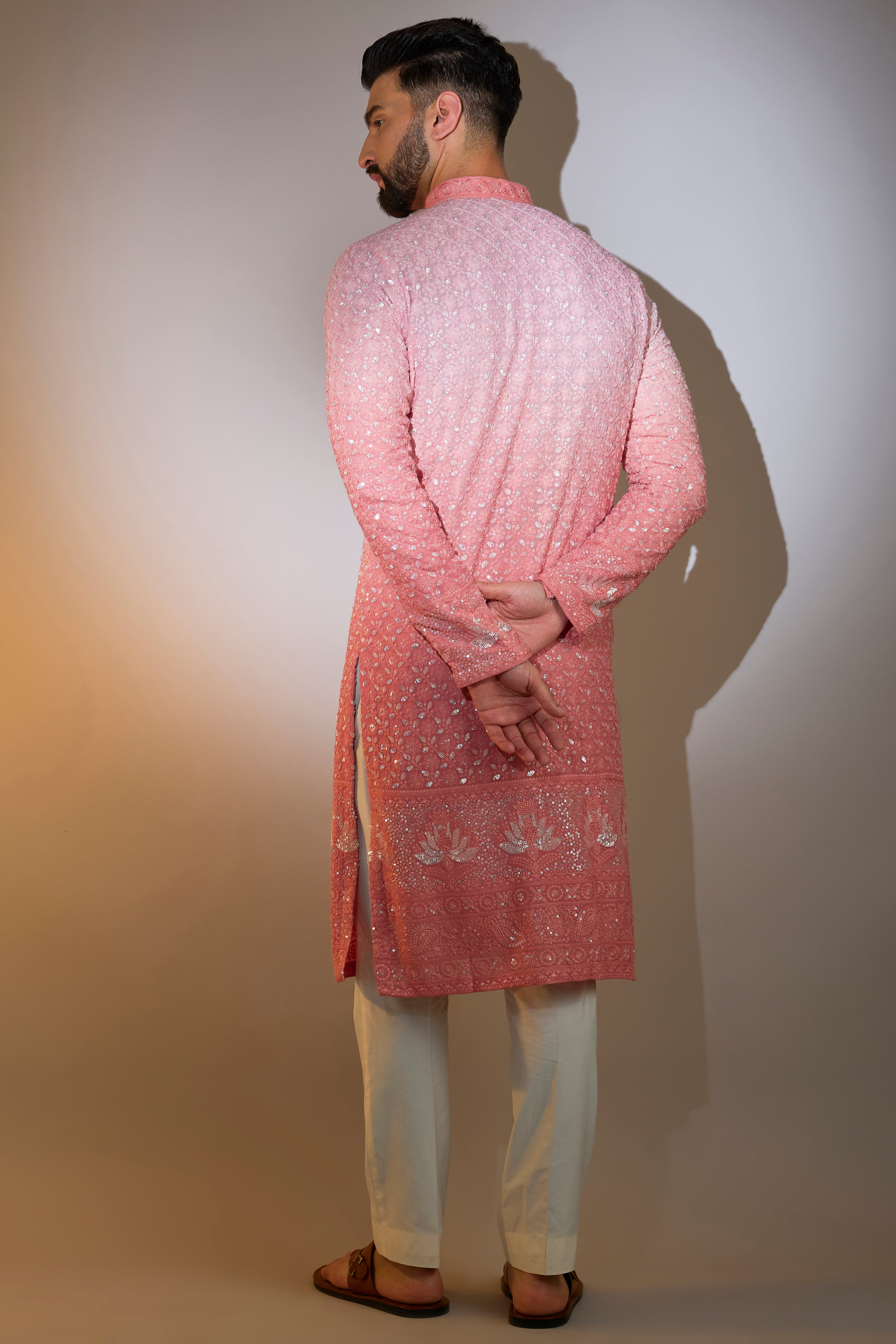 peach ombre shaded mirror work chikankari kurta