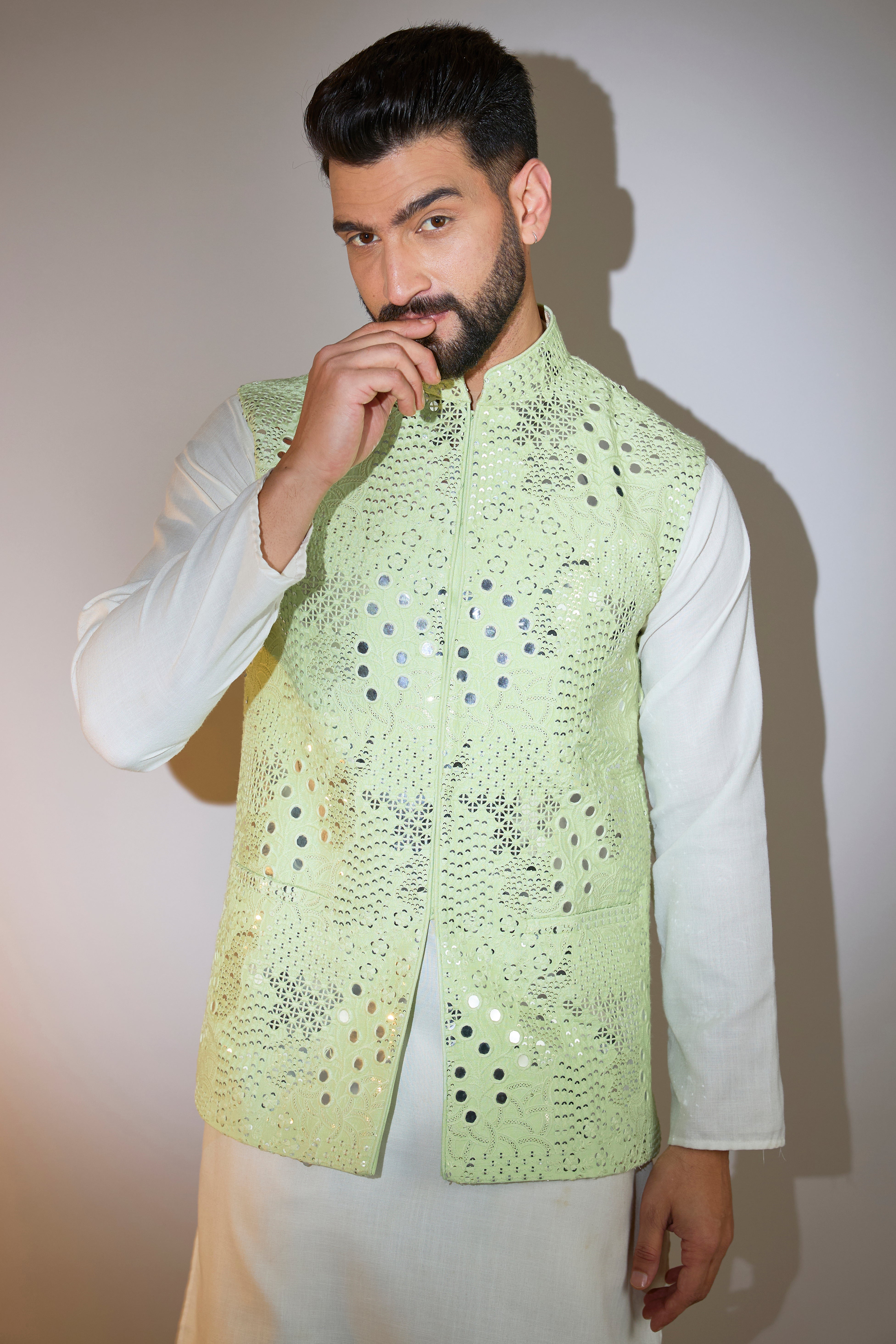 pastel green short mirror work jacket