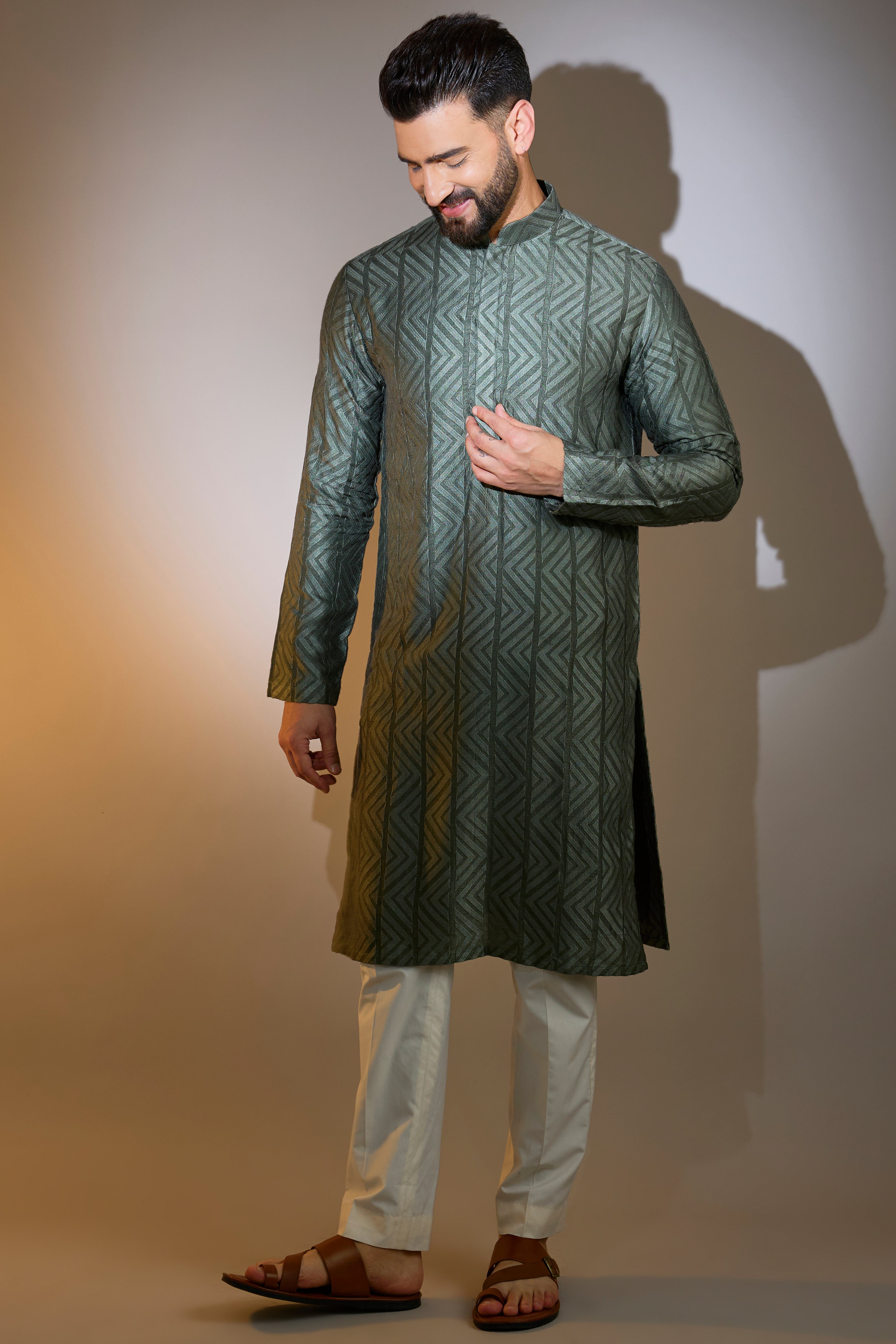 classic millitary green threadwork kurta