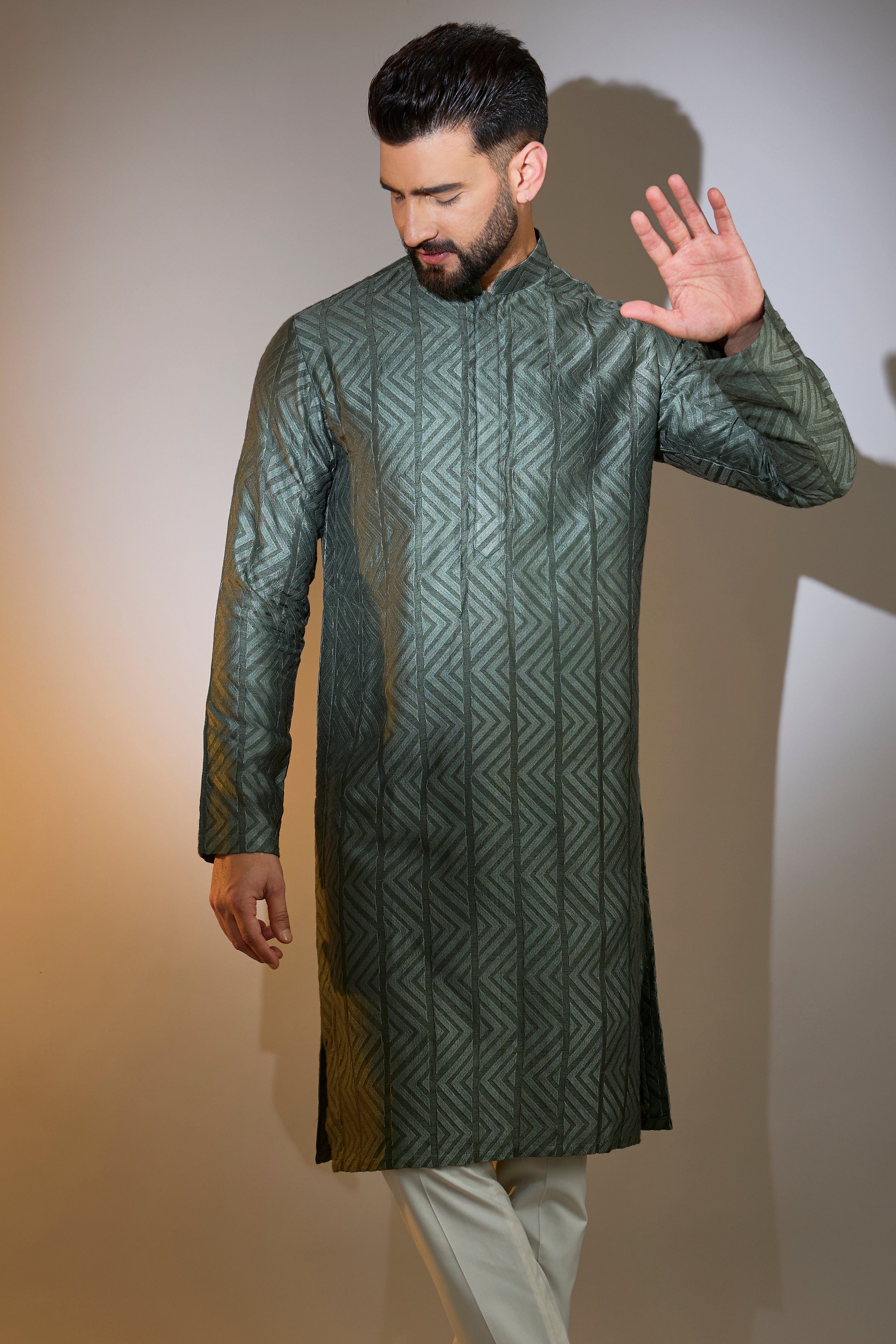 classic millitary green threadwork kurta