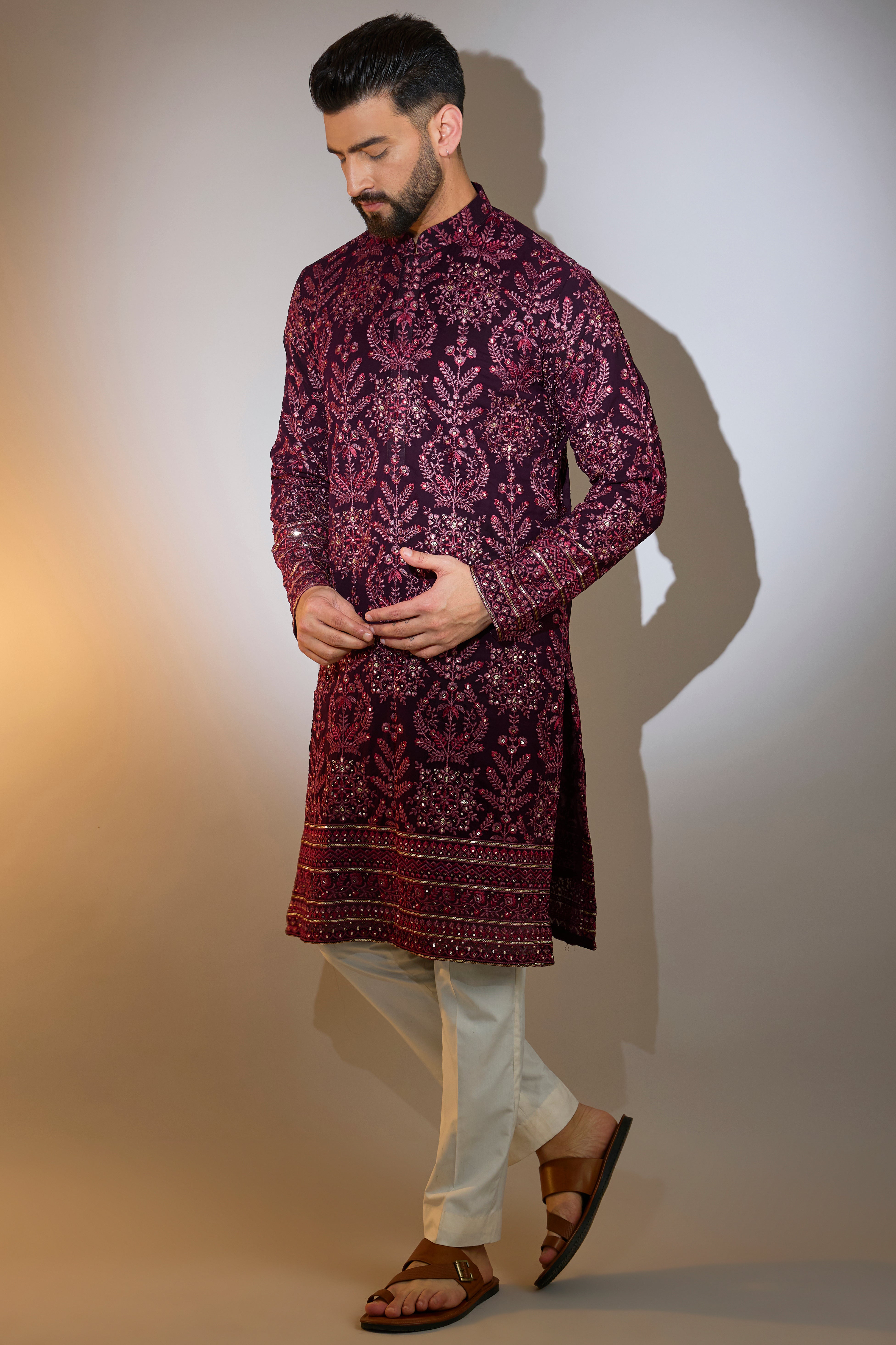 wine thread work kurta with tone to tone thread embroidery and ghera