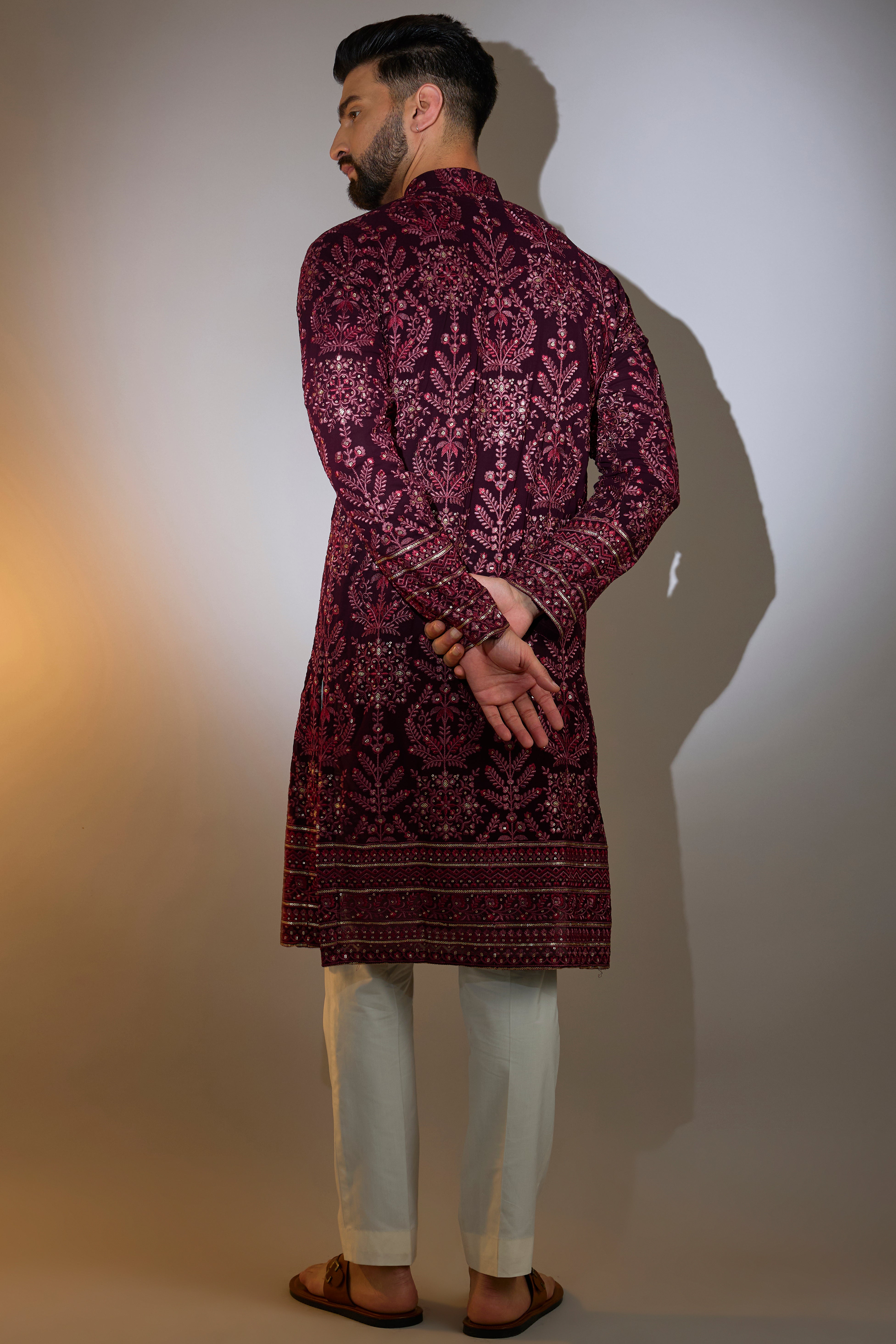 wine thread work kurta with tone to tone thread embroidery and ghera