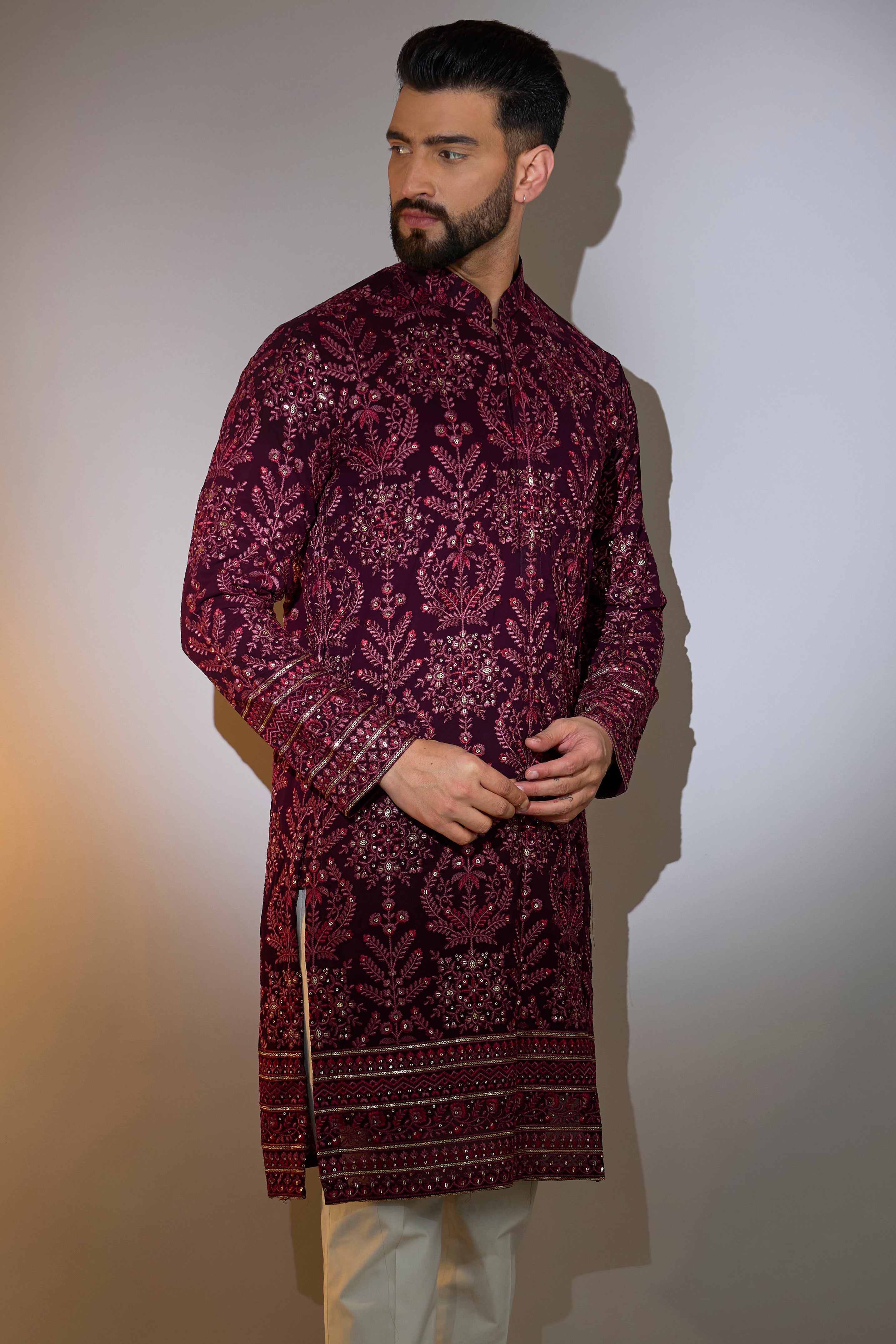 wine thread work kurta with tone to tone thread embroidery and ghera