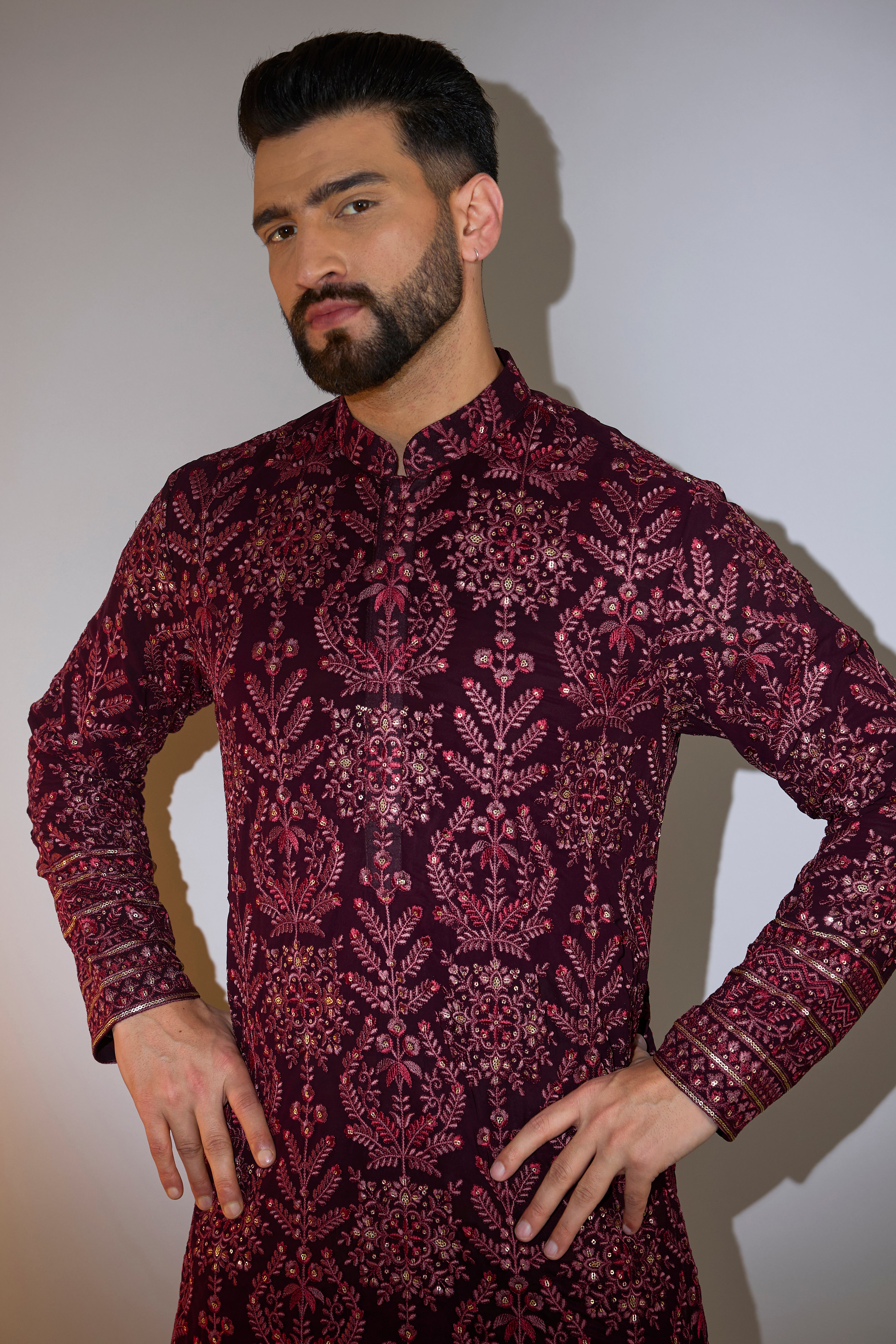 wine thread work kurta with tone to tone thread embroidery and ghera