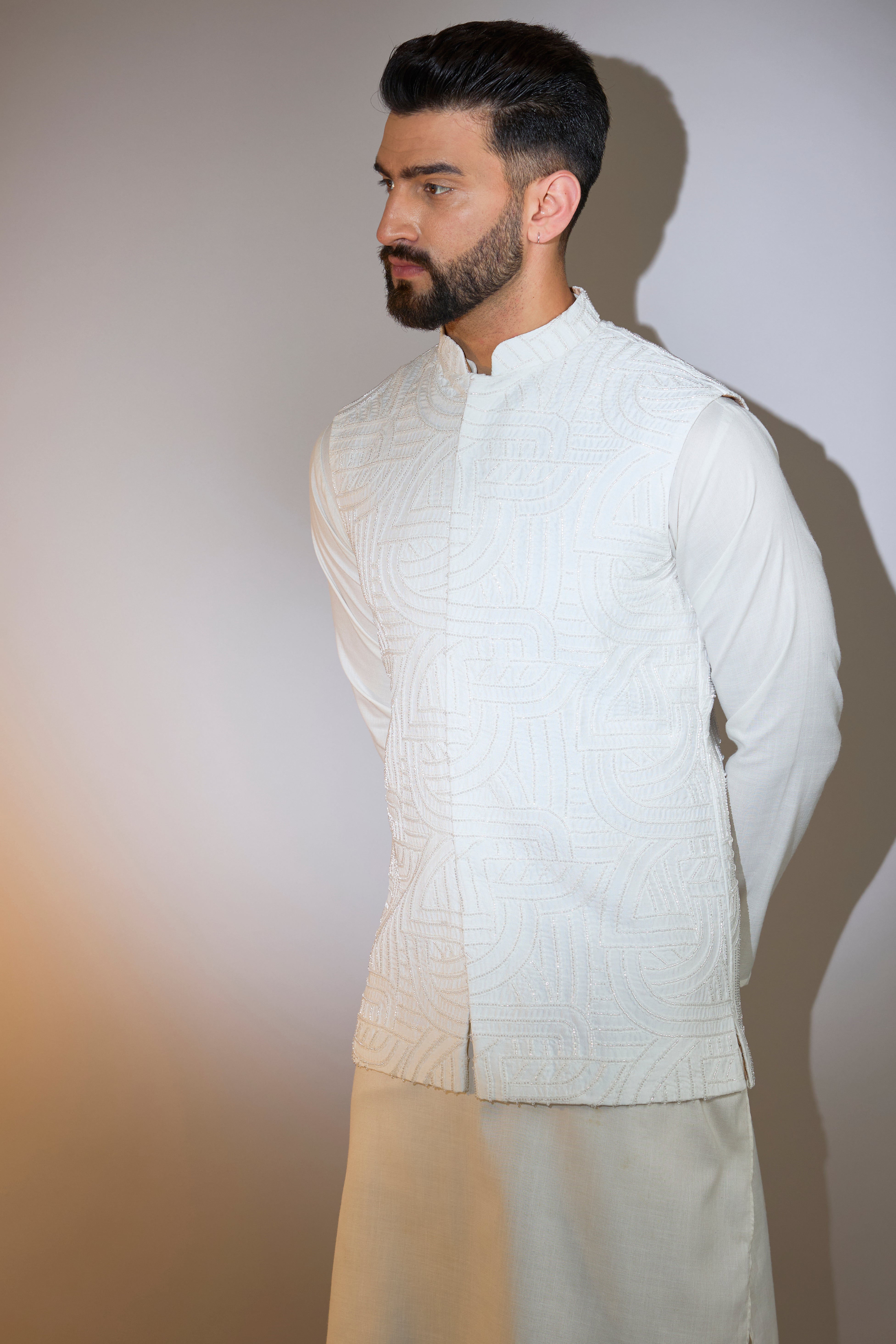 classic white nehru jacket with cut dana embroidery