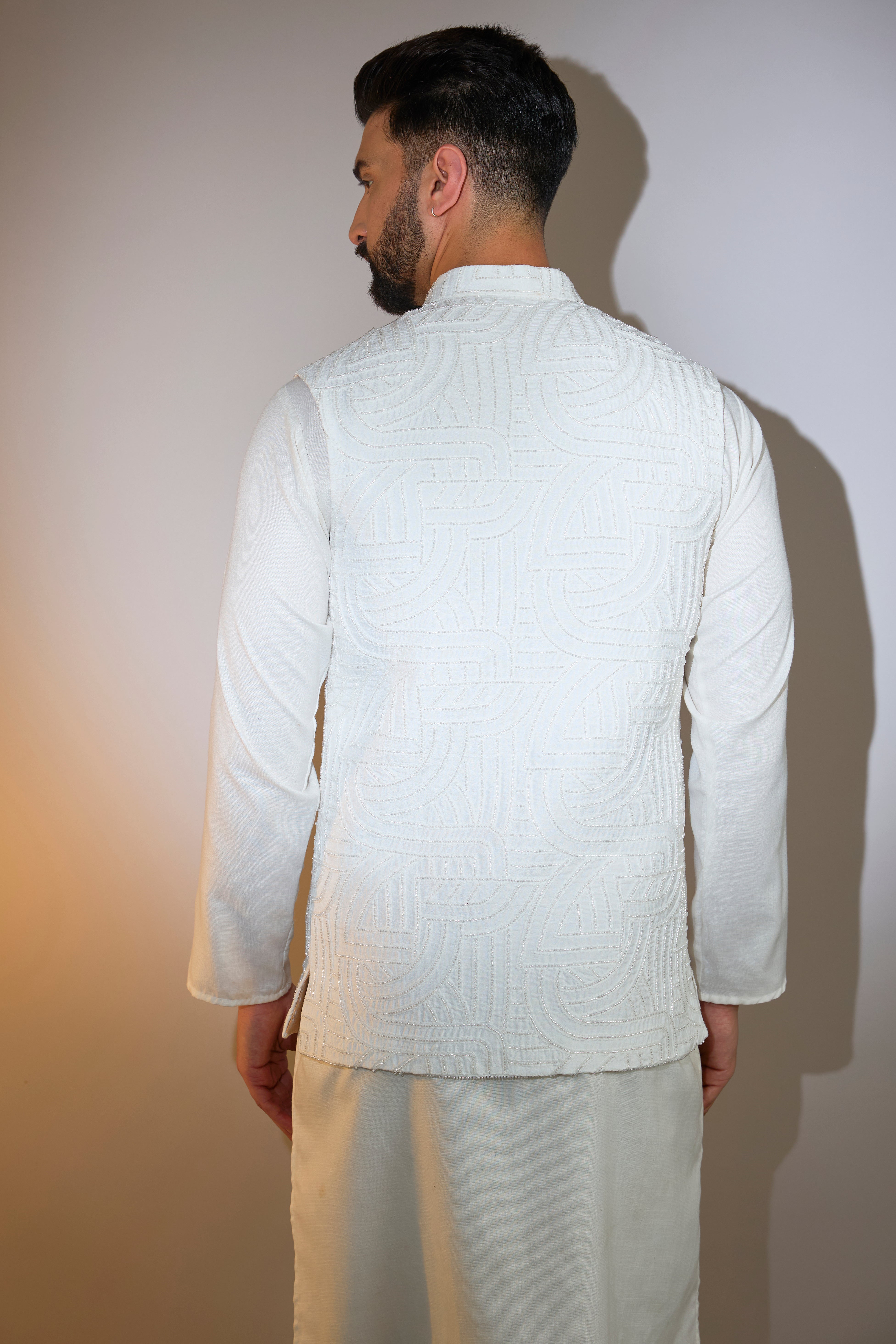 classic white nehru jacket with cut dana embroidery