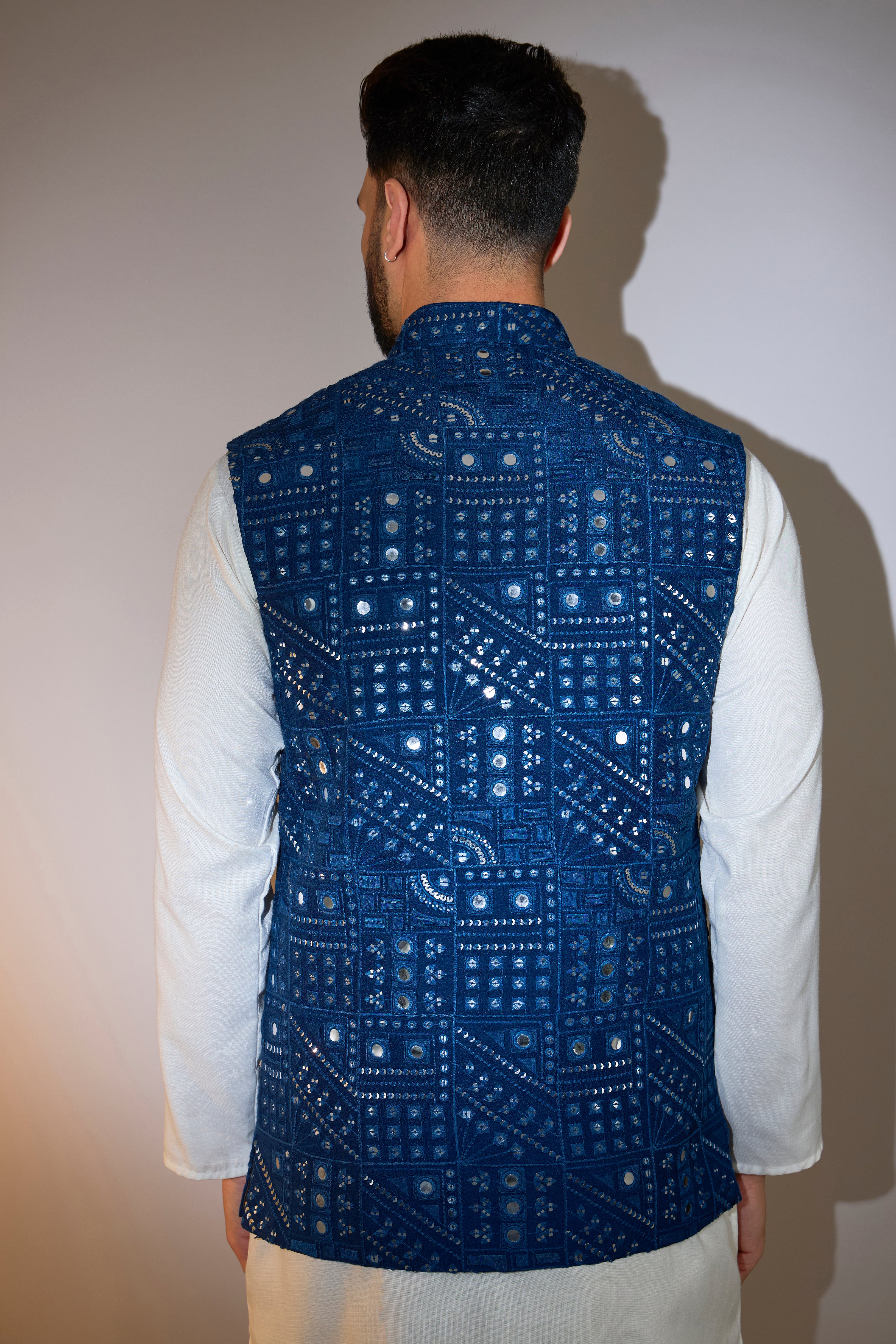 navy blue short mirror work jacket