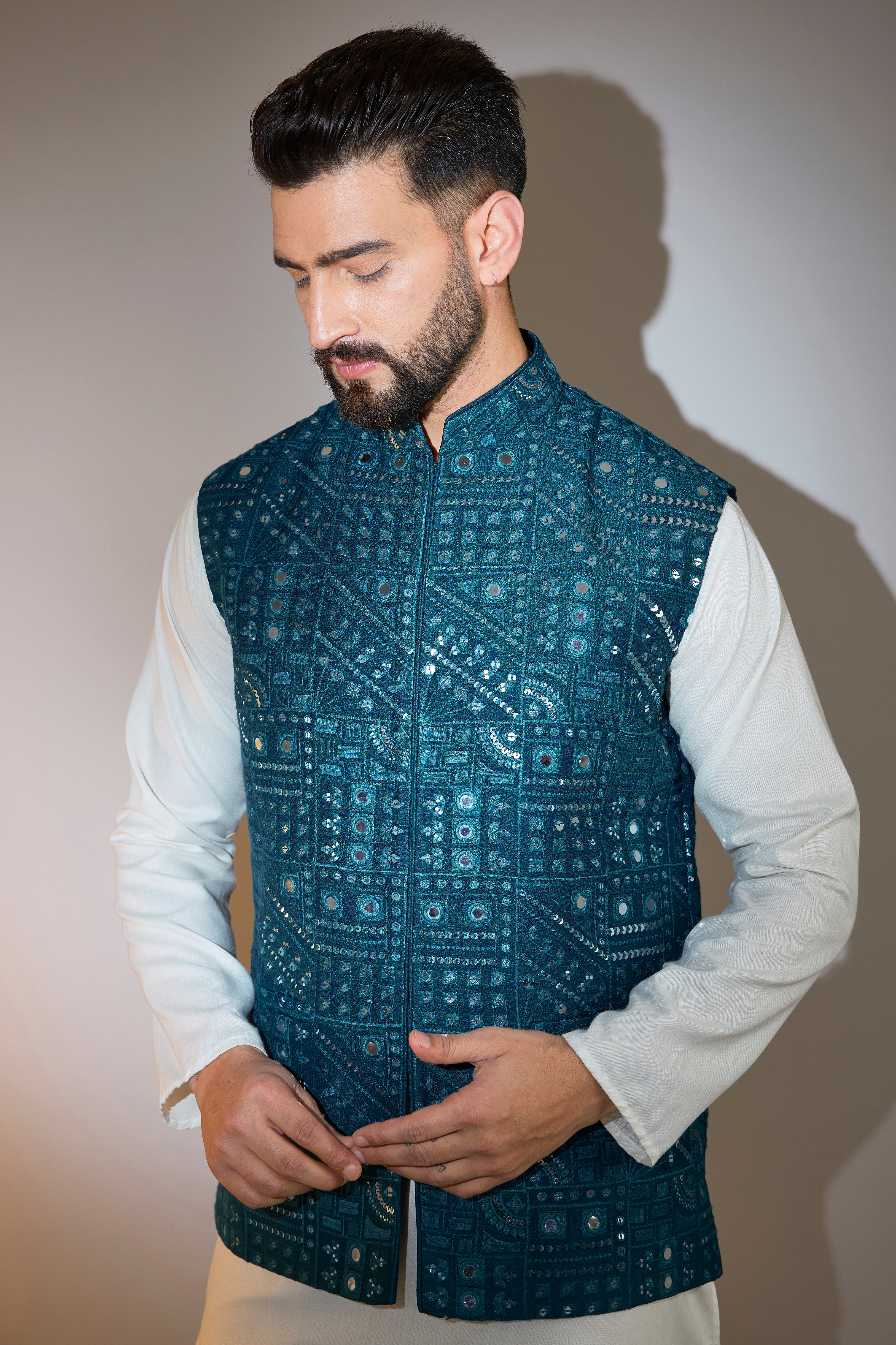 teal mirror work jacket