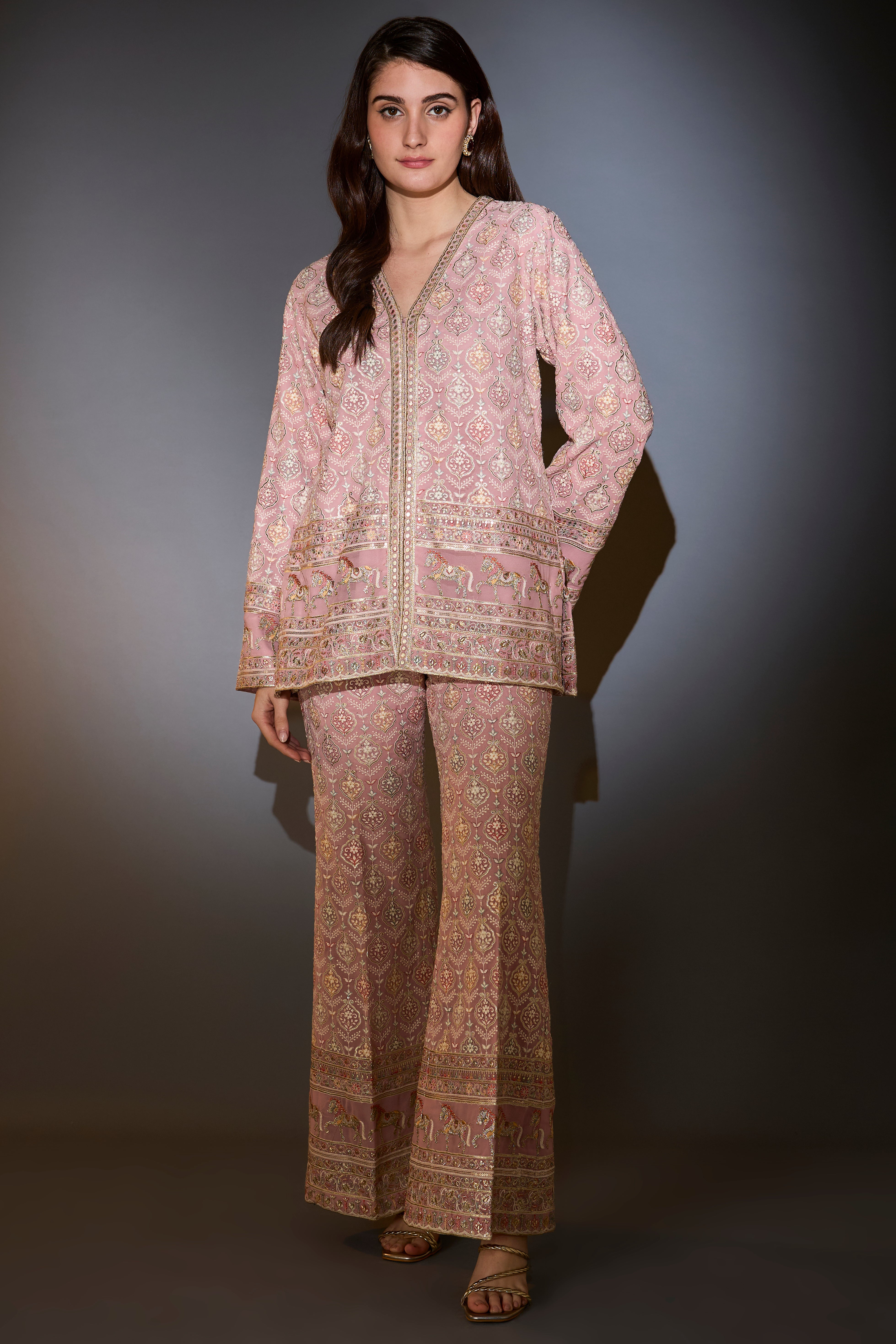 Blush Pink Co-ord set with muti-thread and zari work and horse motifs.