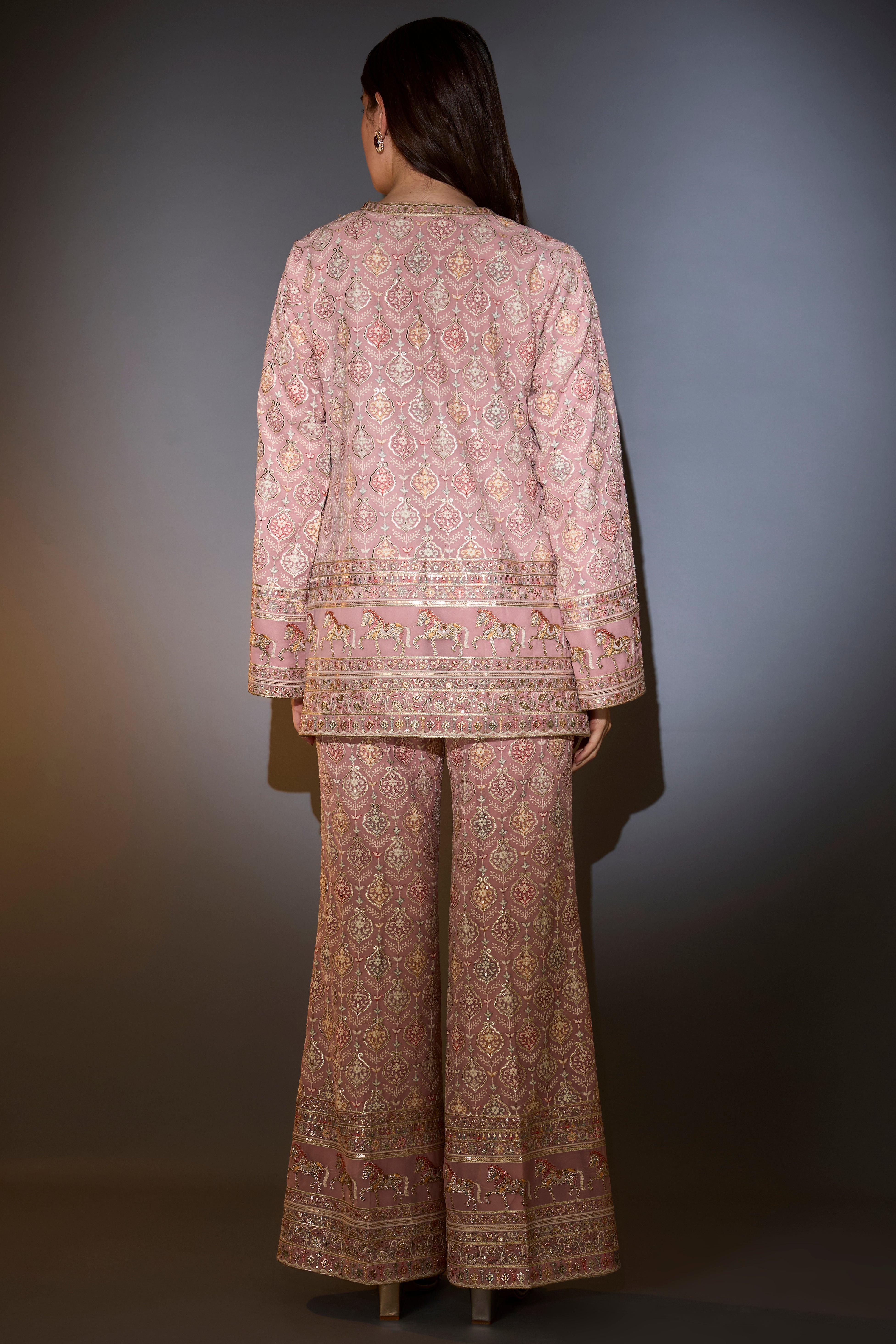 Blush Pink Co-ord set with muti-thread and zari work and horse motifs.