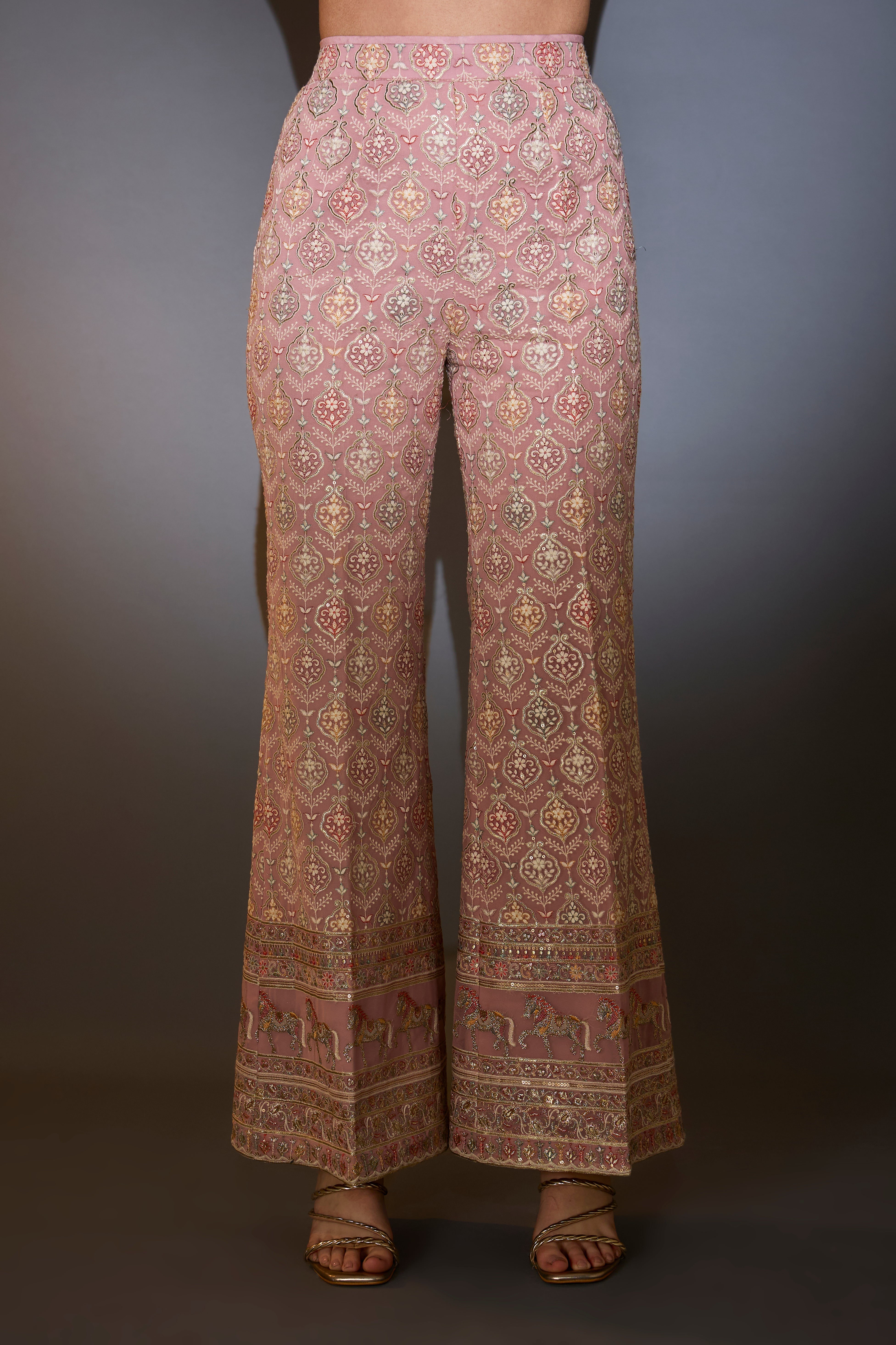 Blush Pink Co-ord set with muti-thread and zari work and horse motifs.