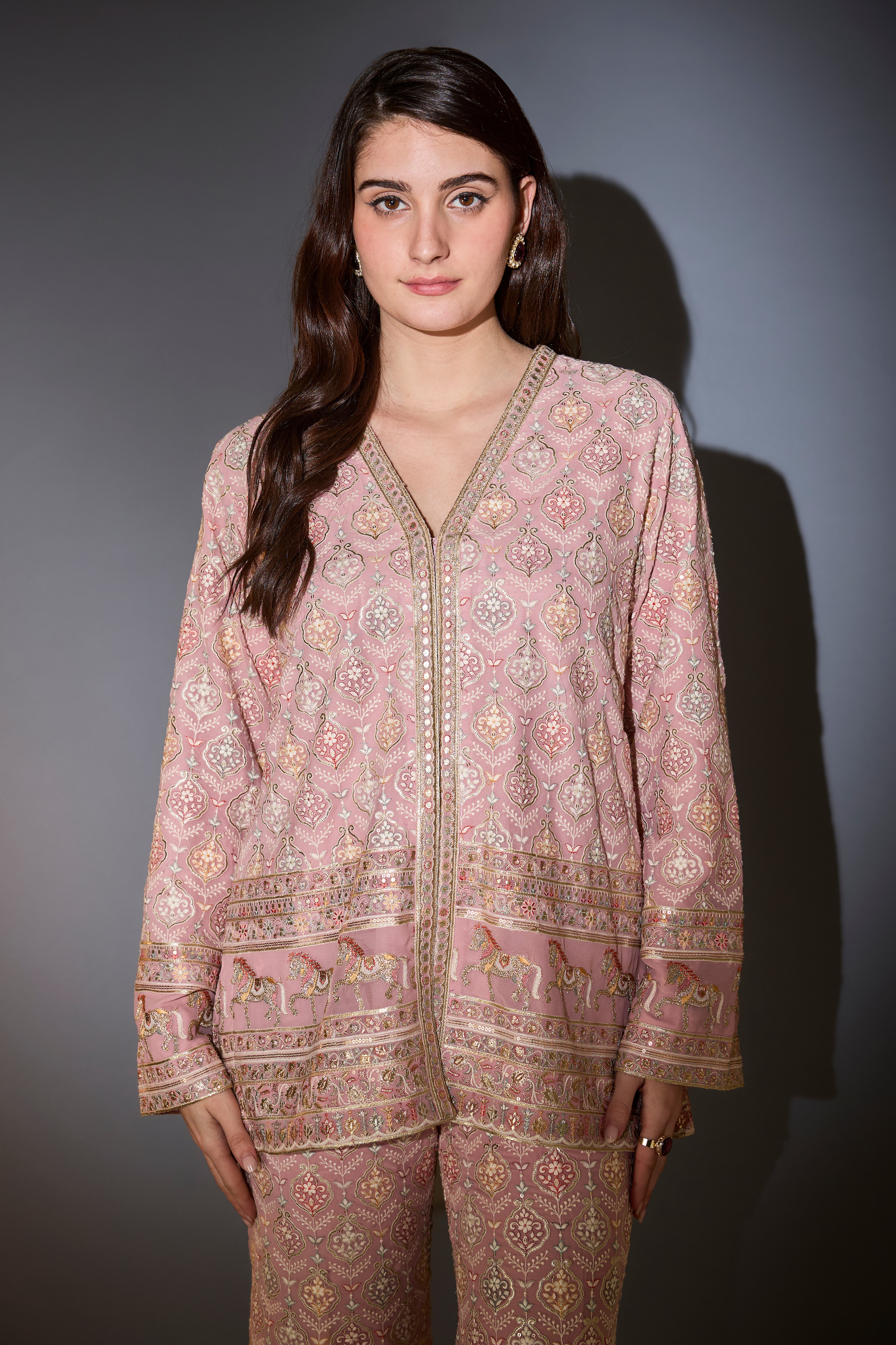 Blush Pink Co-ord set with muti-thread and zari work and horse motifs.