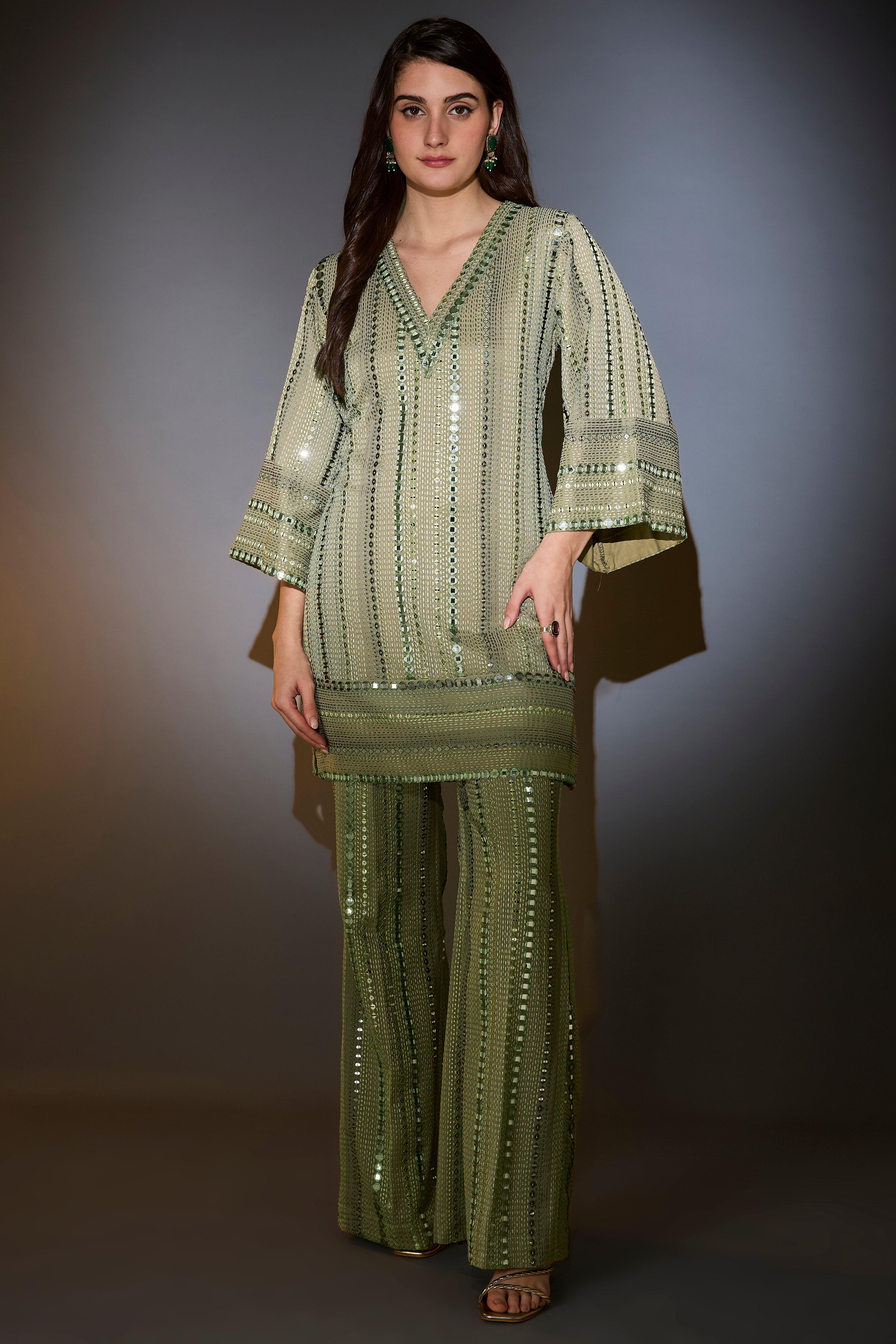 Mint green mirror-work co-ord set with intritcate tone-on-tone thread work.