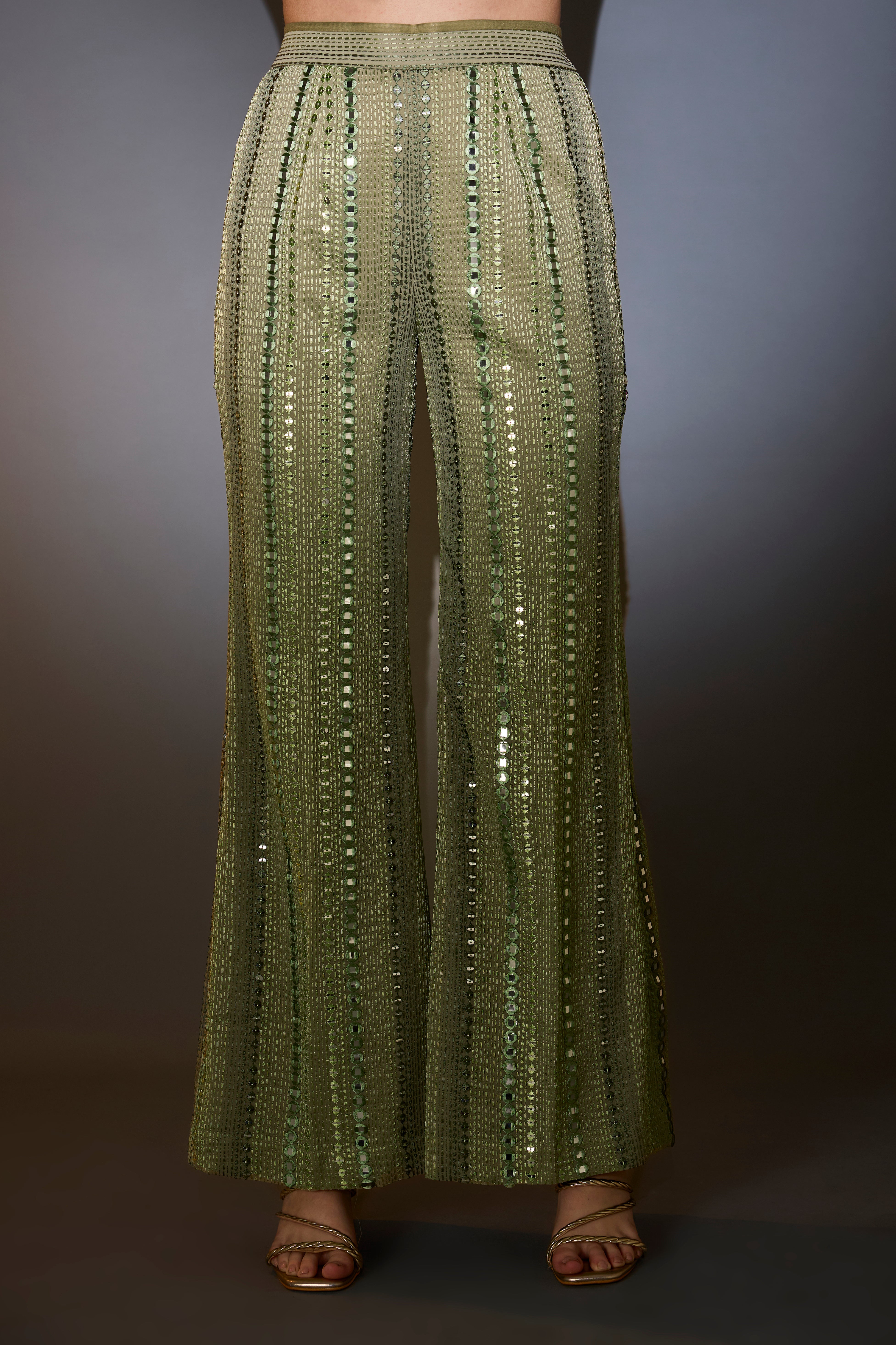 Mint green mirror-work co-ord set with intritcate tone-on-tone thread work.