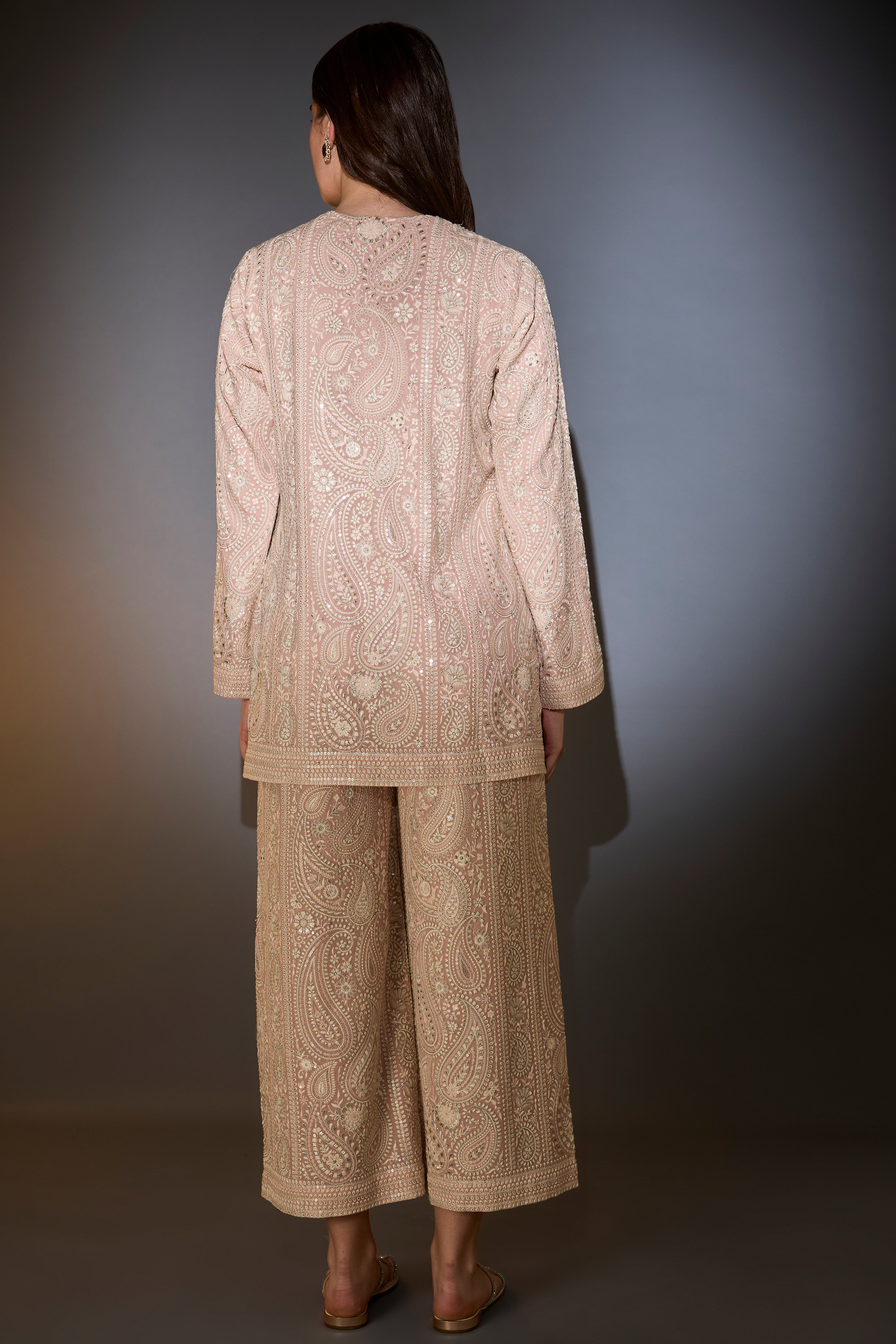 Dust pink chikankari co-ord set with paisley emboidery.