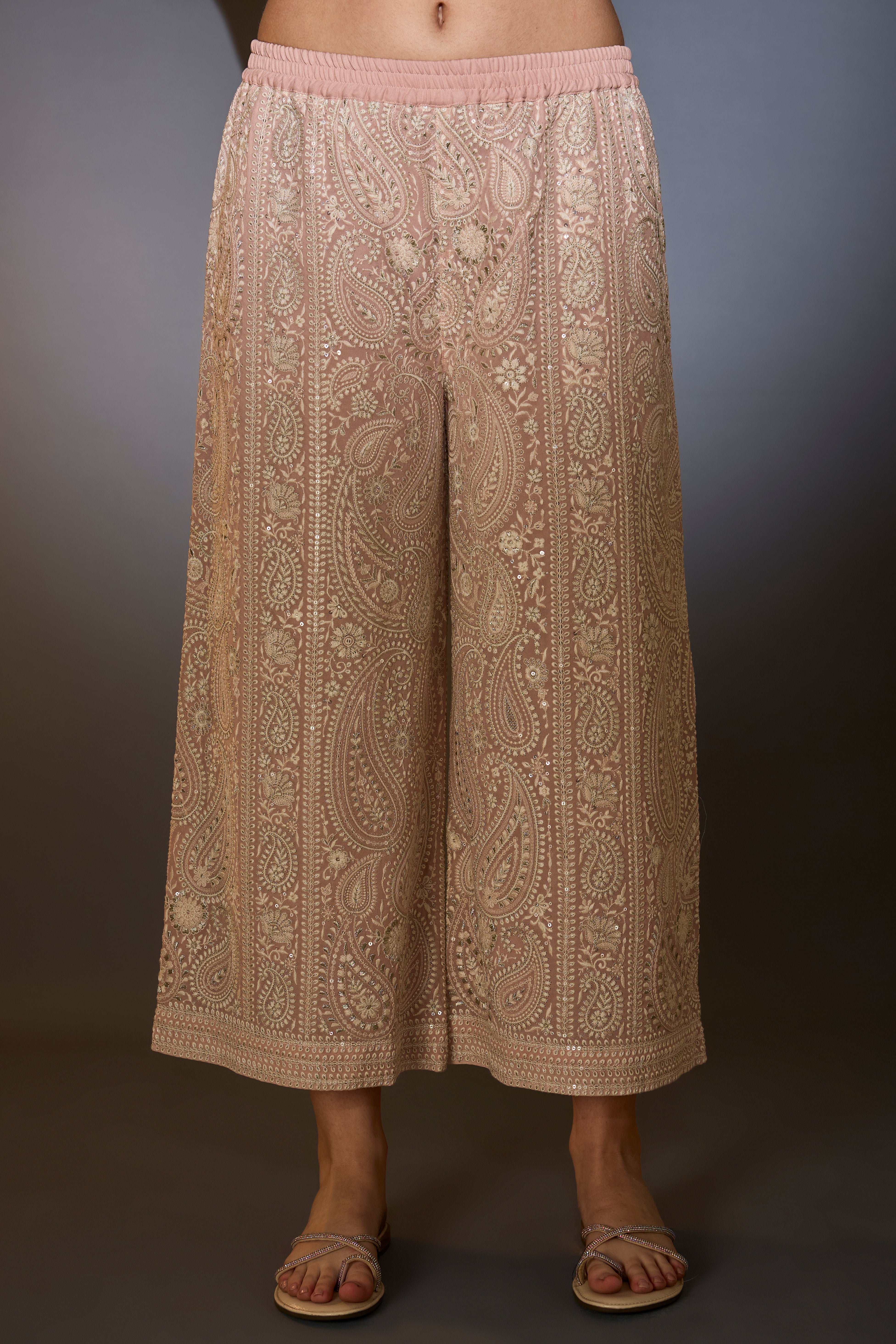 Dust pink chikankari co-ord set with paisley emboidery.