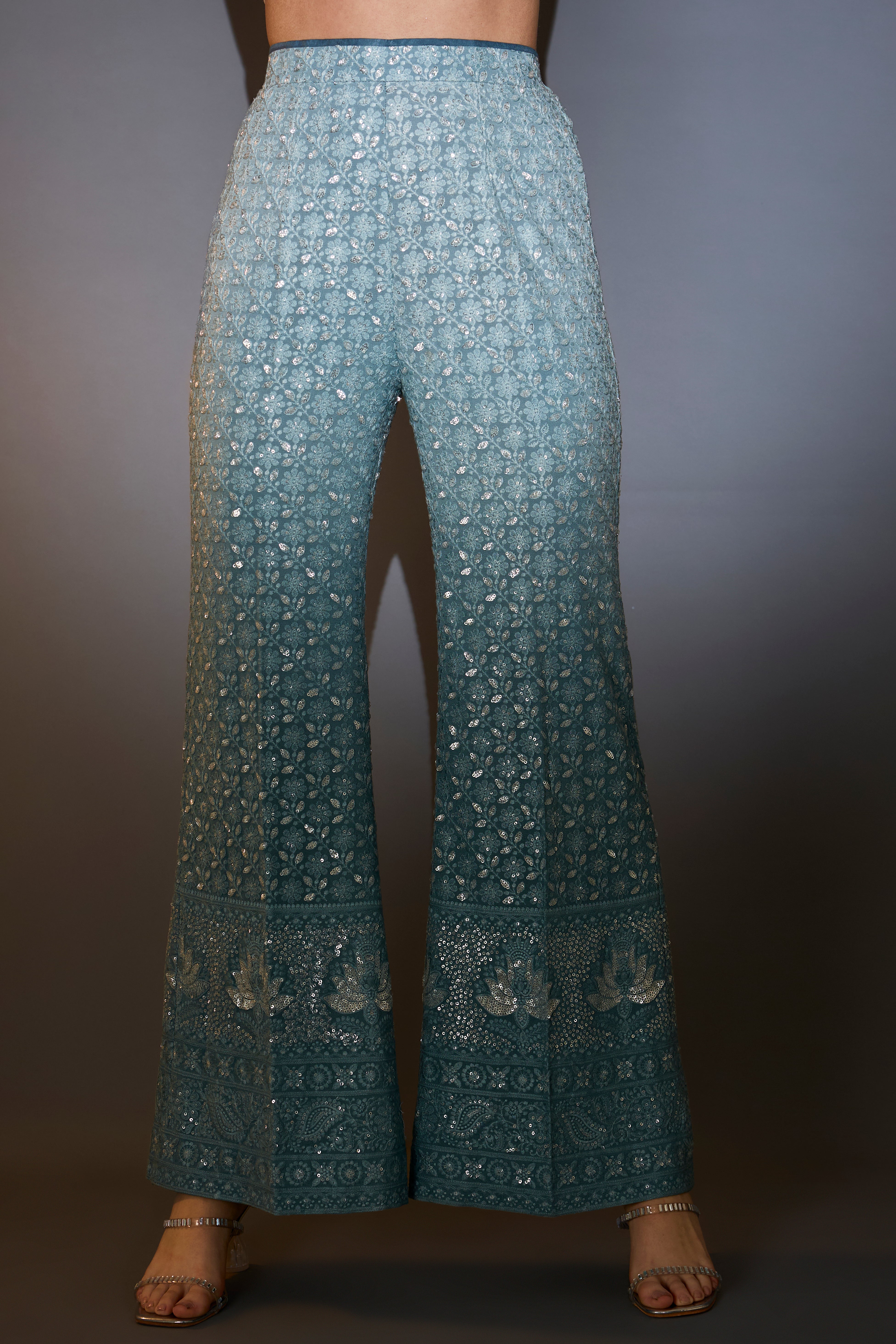 Blue ombre chikankari co-ord set with detailed thread and sequin embroidery.