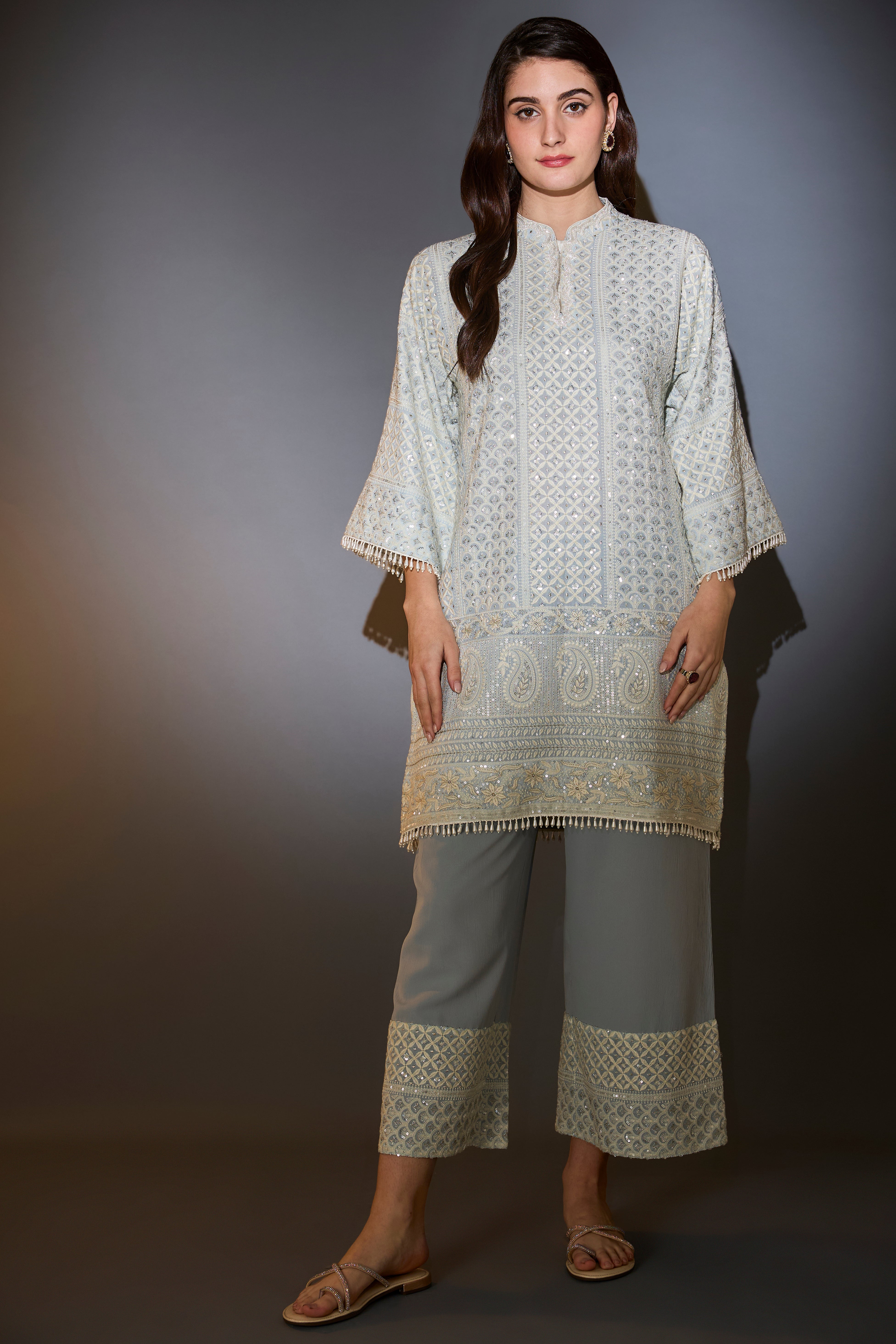 Powder blue chikankari suit set with intricate thread and sequins work.