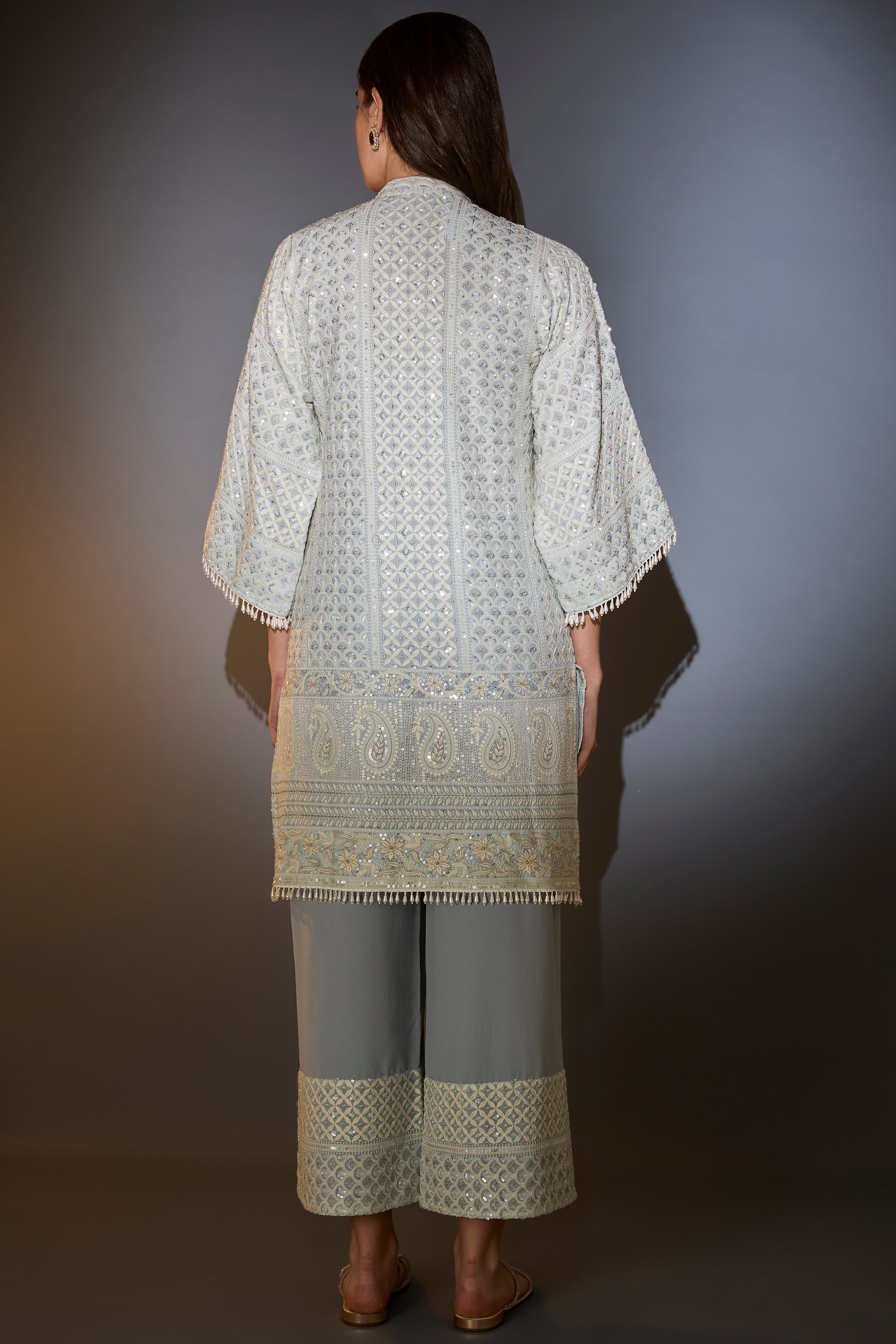 Powder blue chikankari suit set with intricate thread and sequins work.