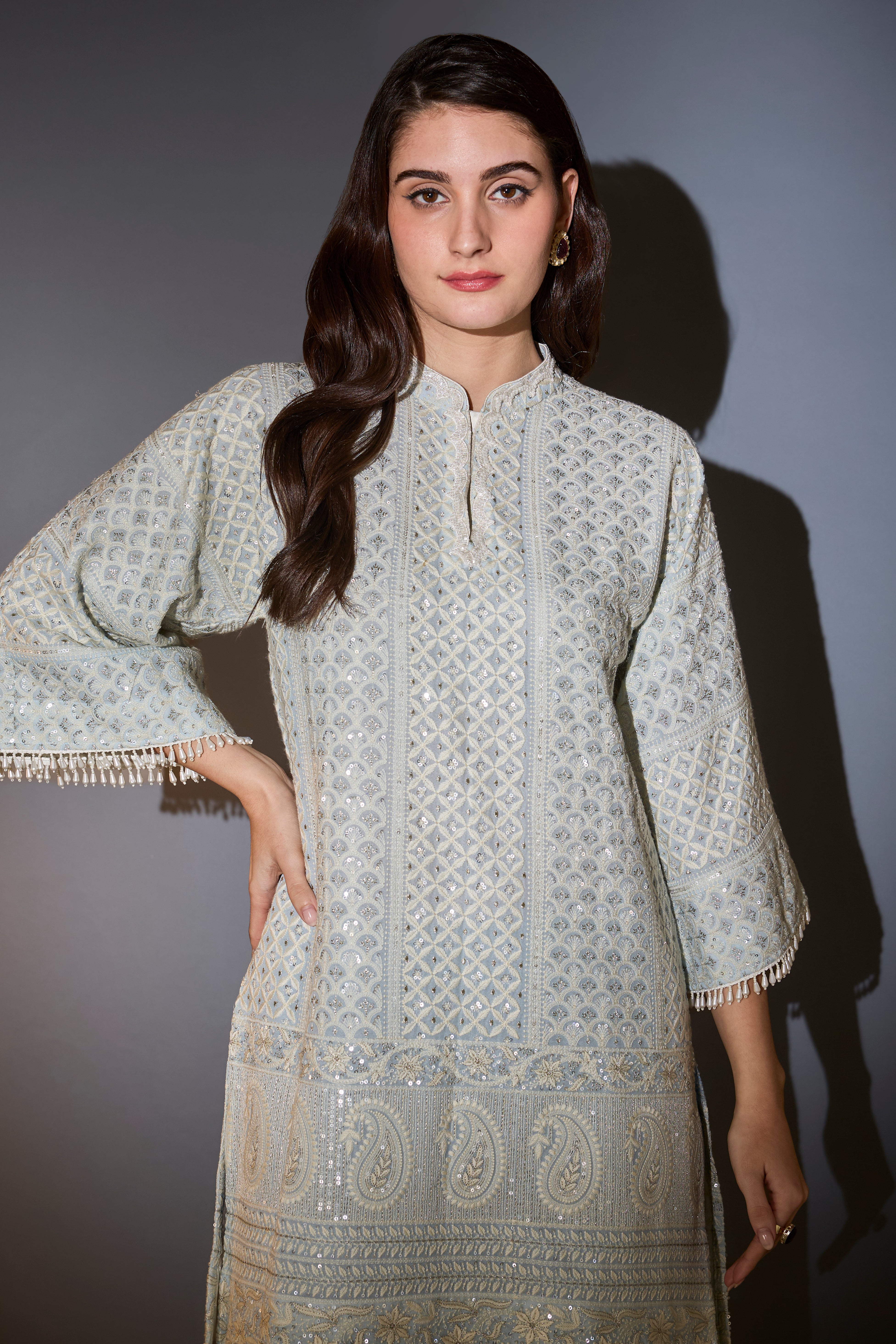 Powder blue chikankari suit set with intricate thread and sequins work.