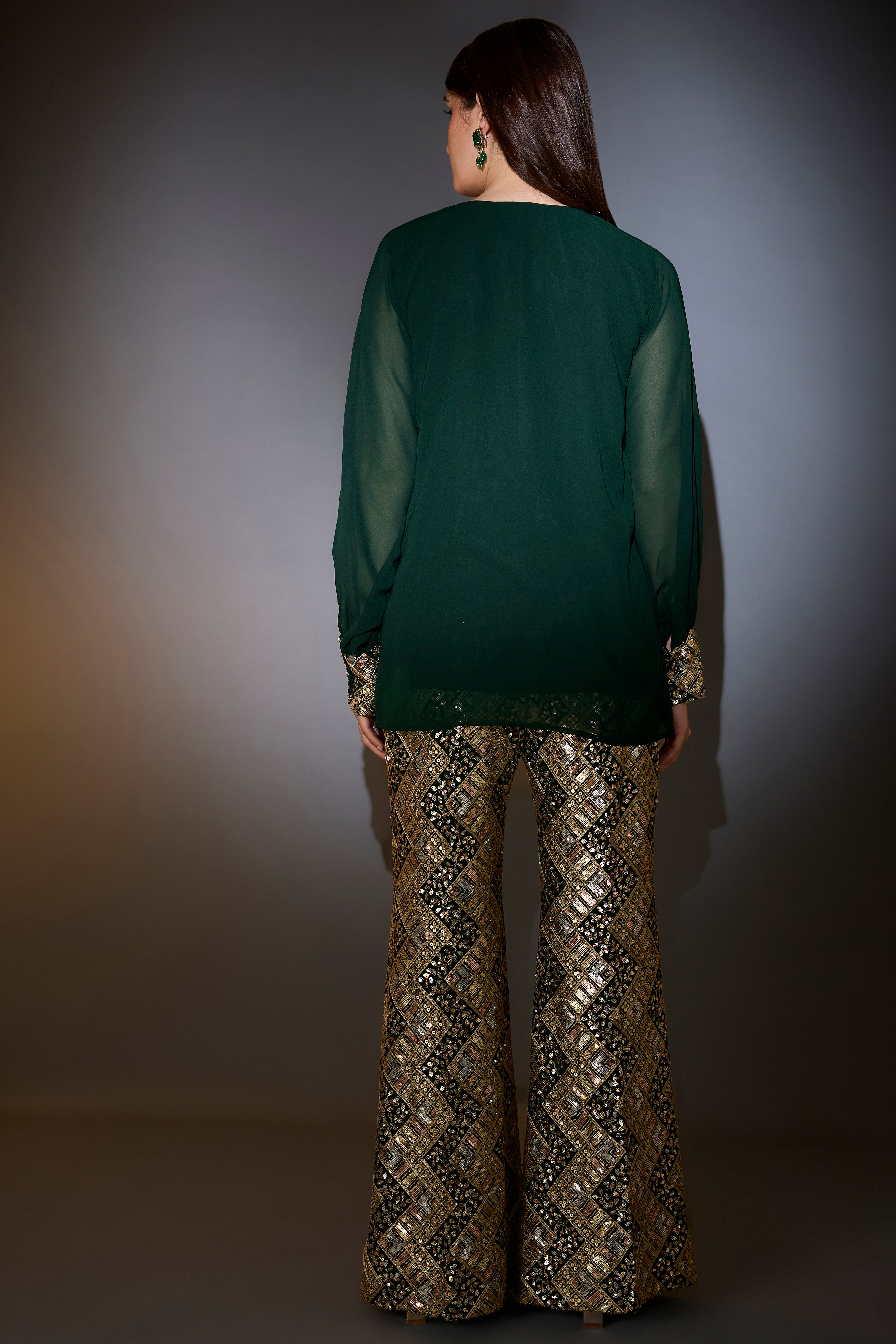 Green co-ord set intertwining gold and multi-colour sequin embroidery.