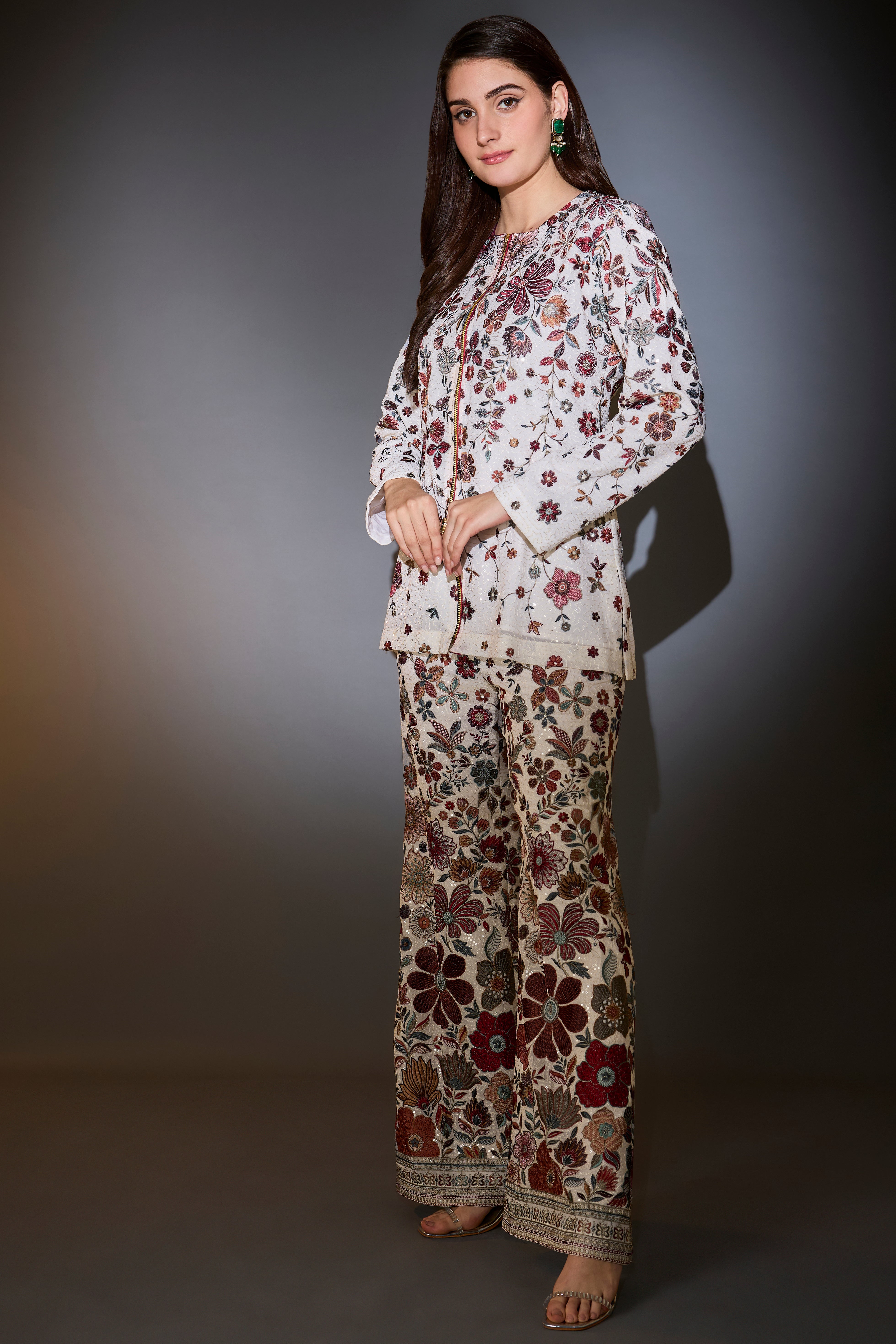 Ivory co-ord set with heavy multi-thread floral embroidery and sprinkle and sequin work.