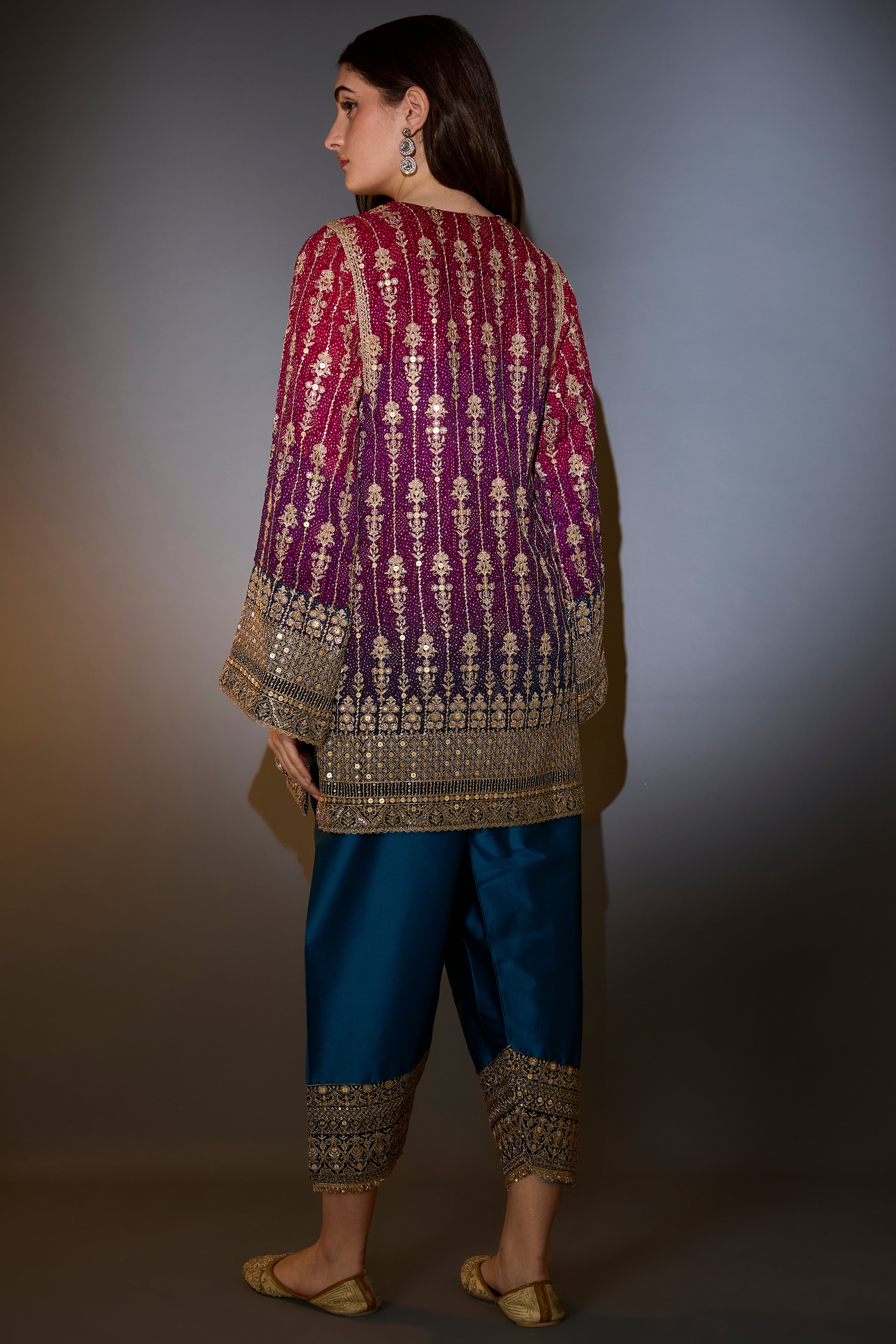 Suit set with short ombre kurta with intricate aari work, paired with banarsi dupatta with borders and silk salwar.