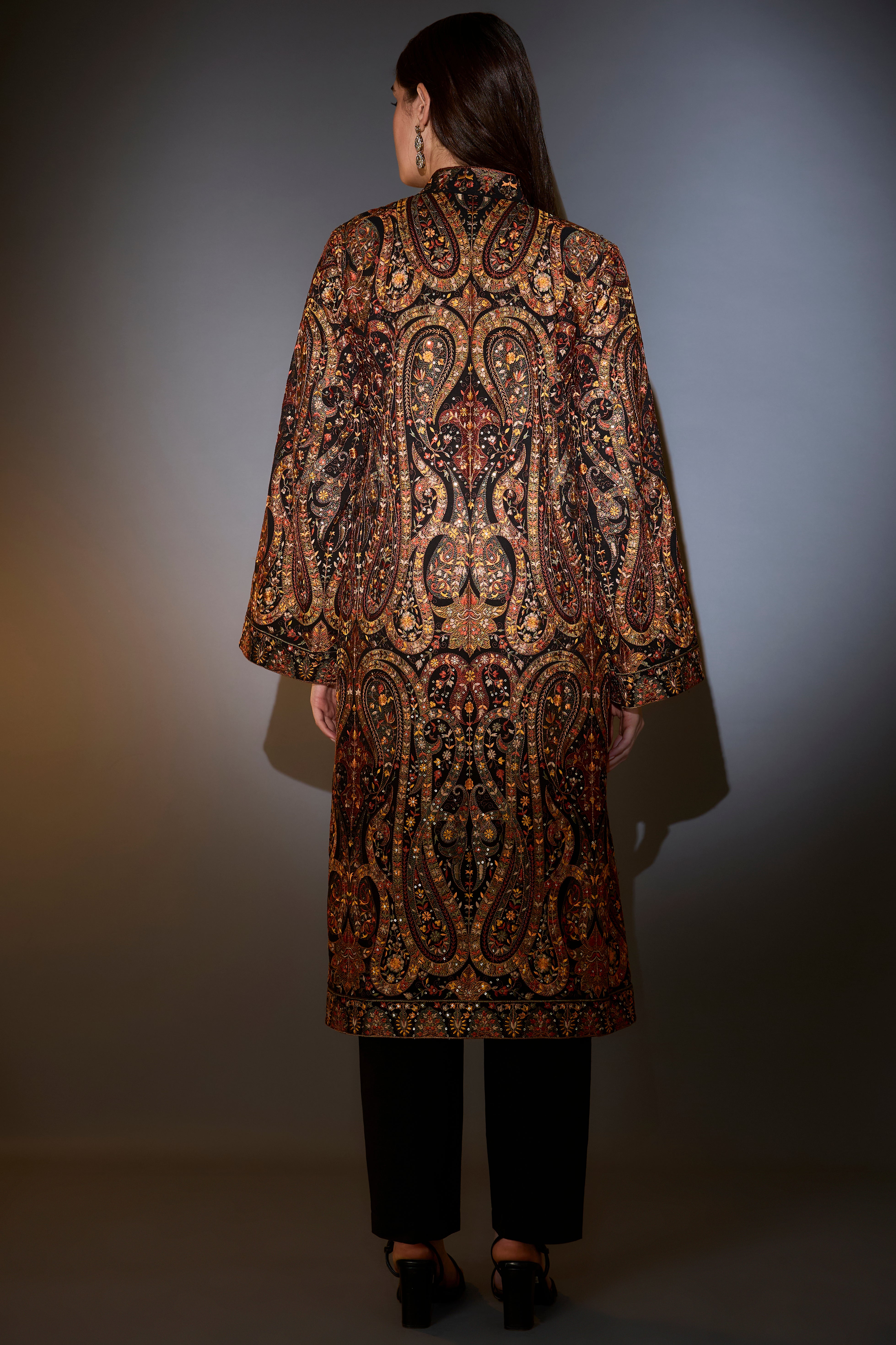 Black kashmiri jamawar emroidered long jacket.