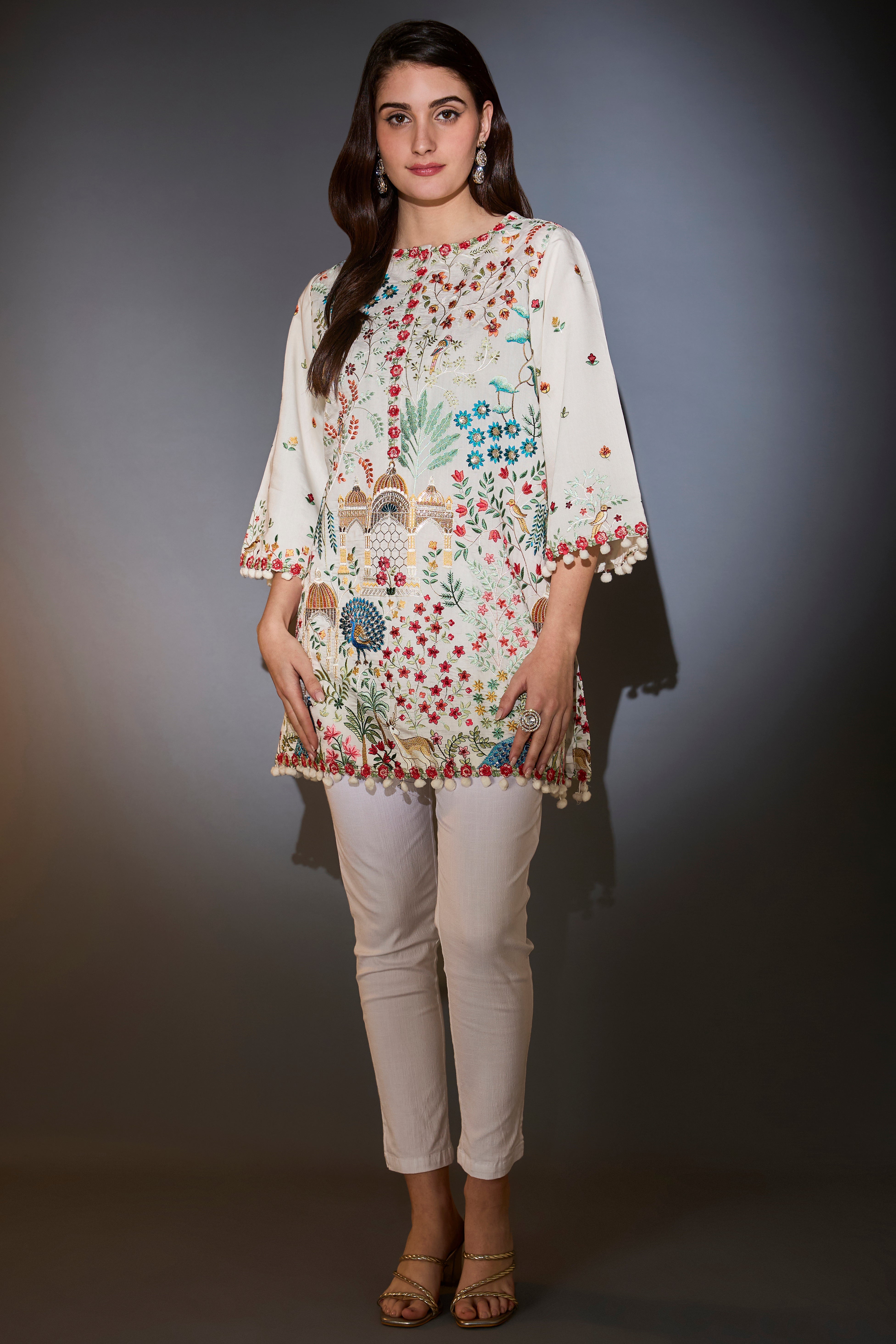 White multi-thread work, flora and fauna embroidered tunic.