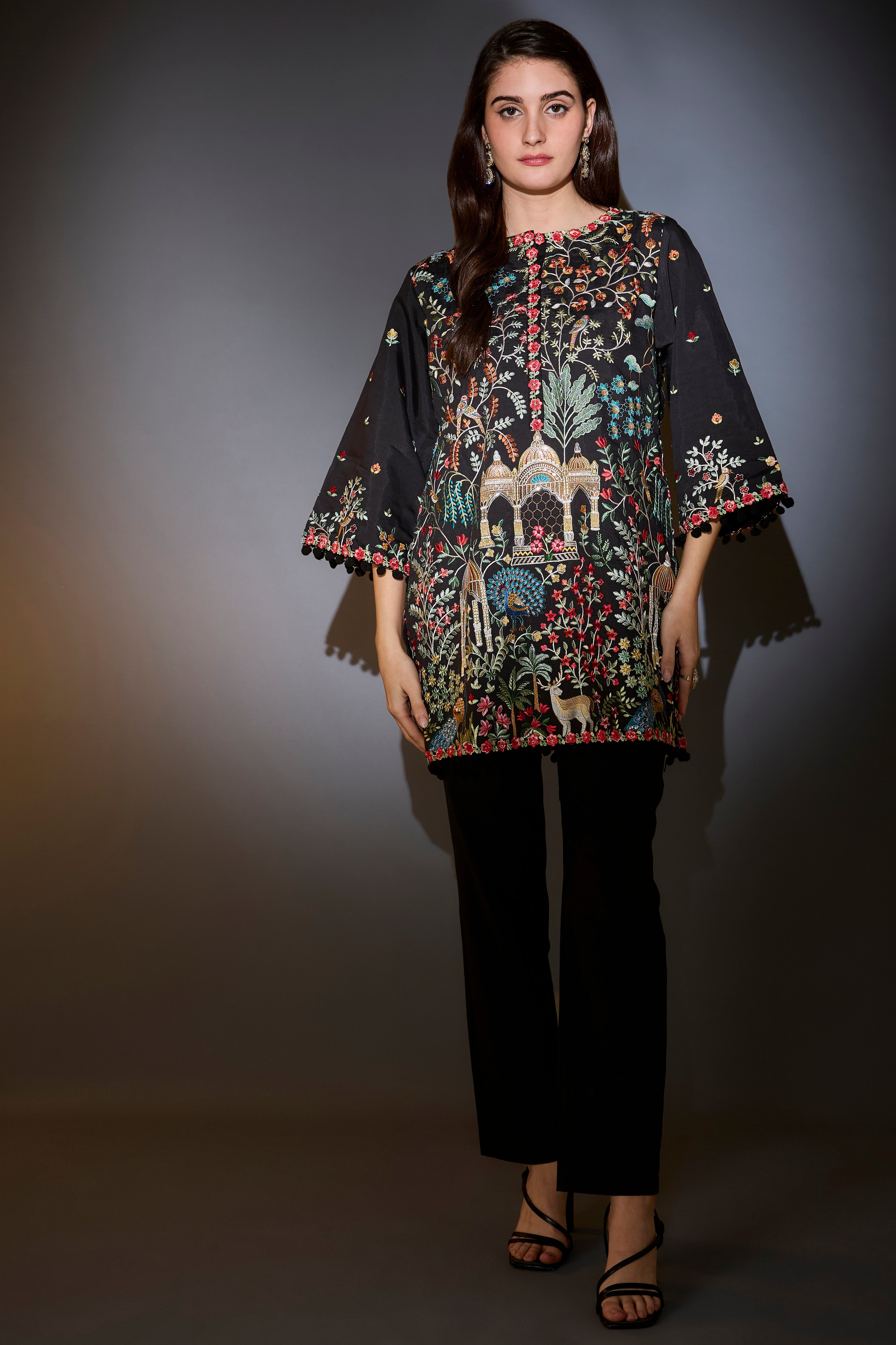 Black multi-thread work, flora and fauna embroidered tunic.