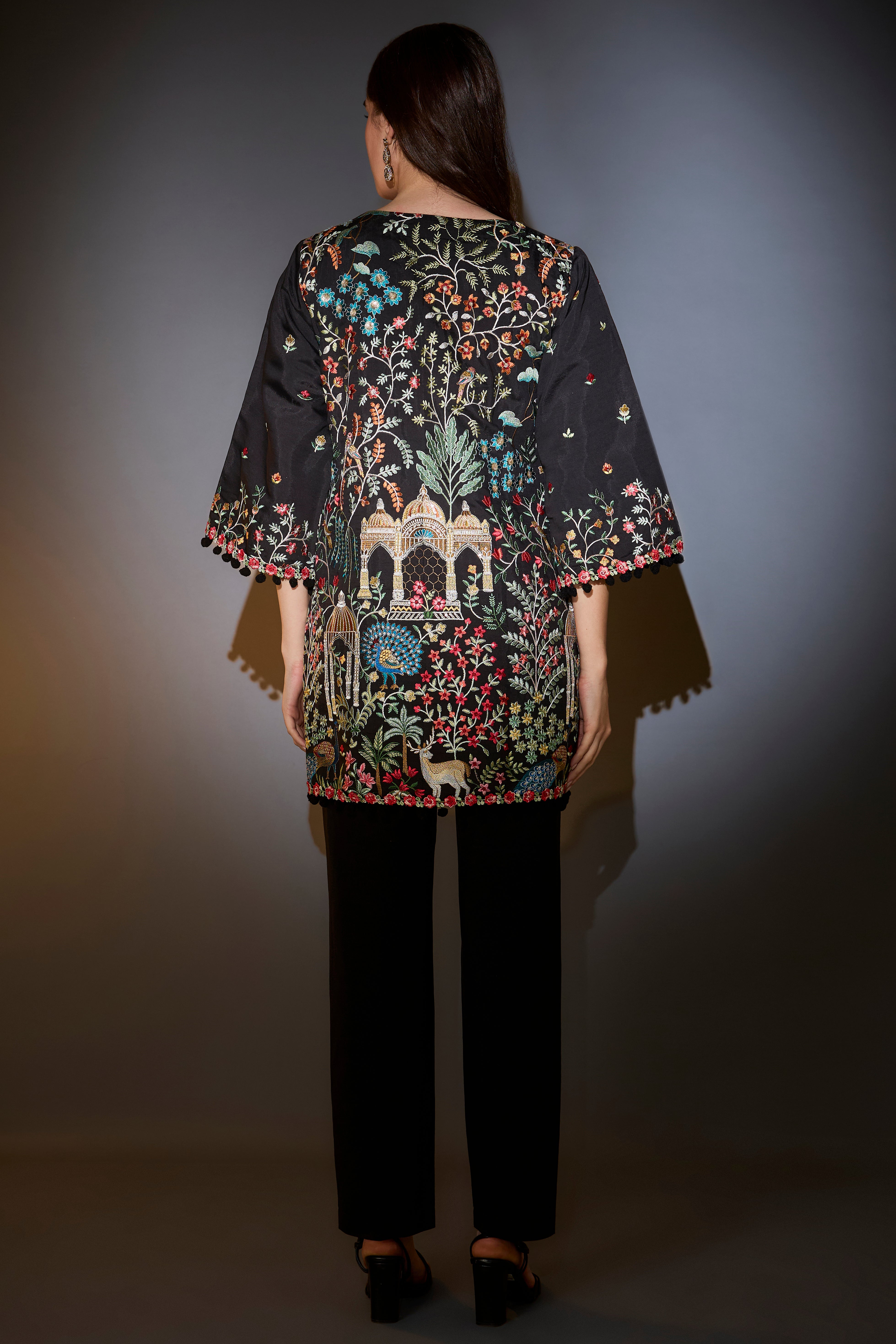 Black multi-thread work, flora and fauna embroidered tunic.