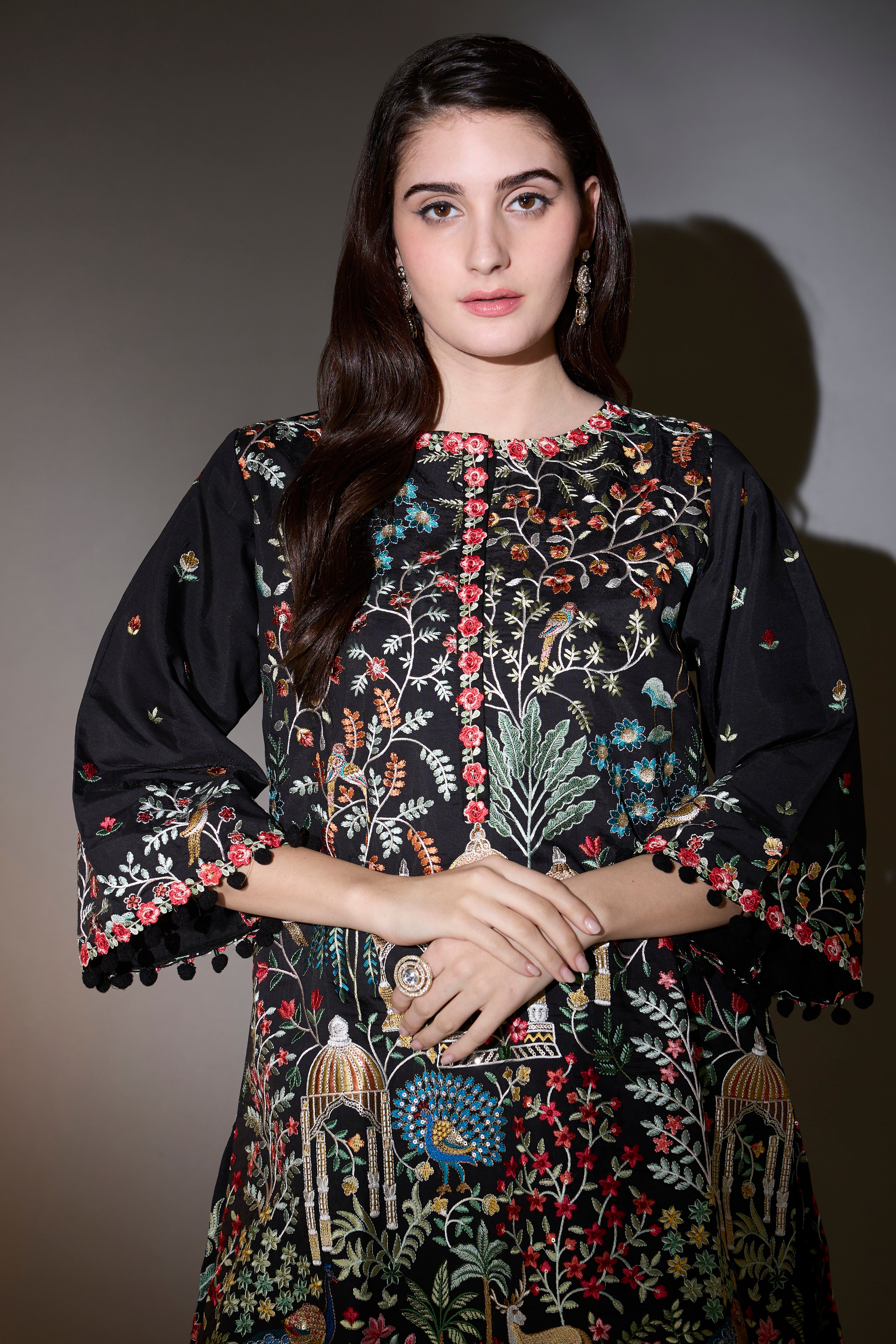 Black multi-thread work, flora and fauna embroidered tunic.