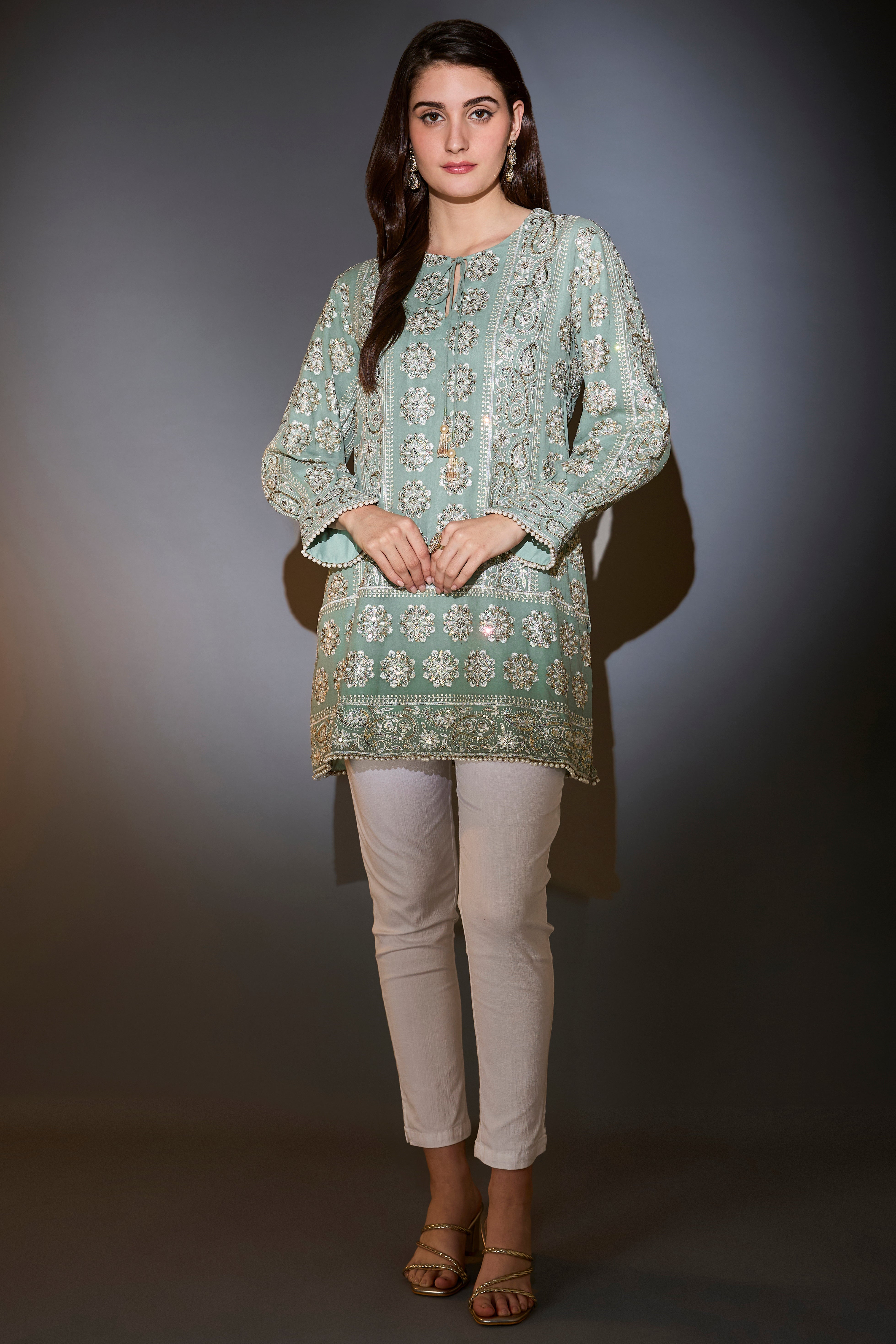 Sage green chikankari tunic with sequins.